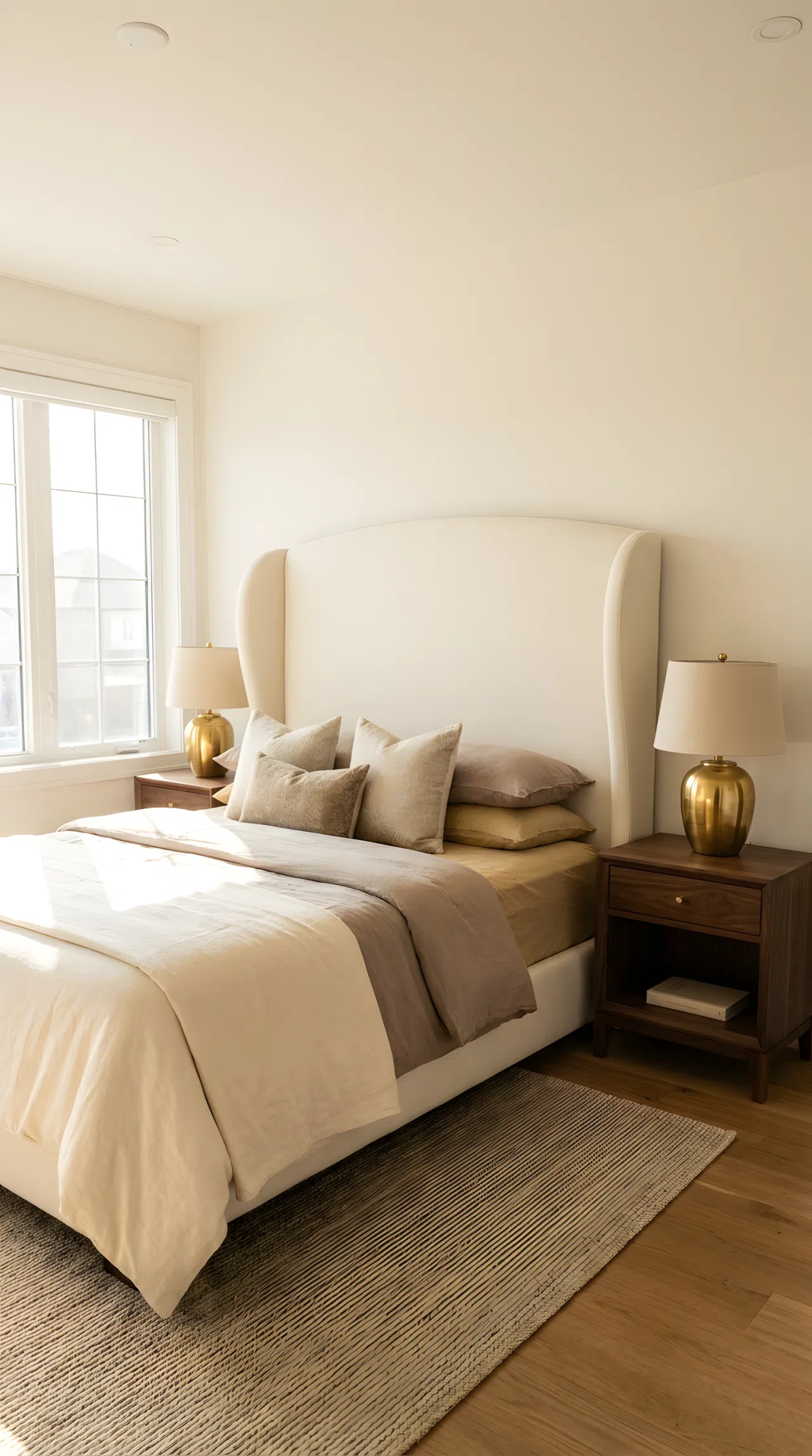 A luxury bed with a curved, upholstered cream headboard, neatly made bedding, matching wood nightstands, symmetrical brass lamps on either side, beautifully arranged and organized, bright natural light, real-life stock photography style, vibrant warm neutrals, no people, no text overlay, Pinterest-ready composition.