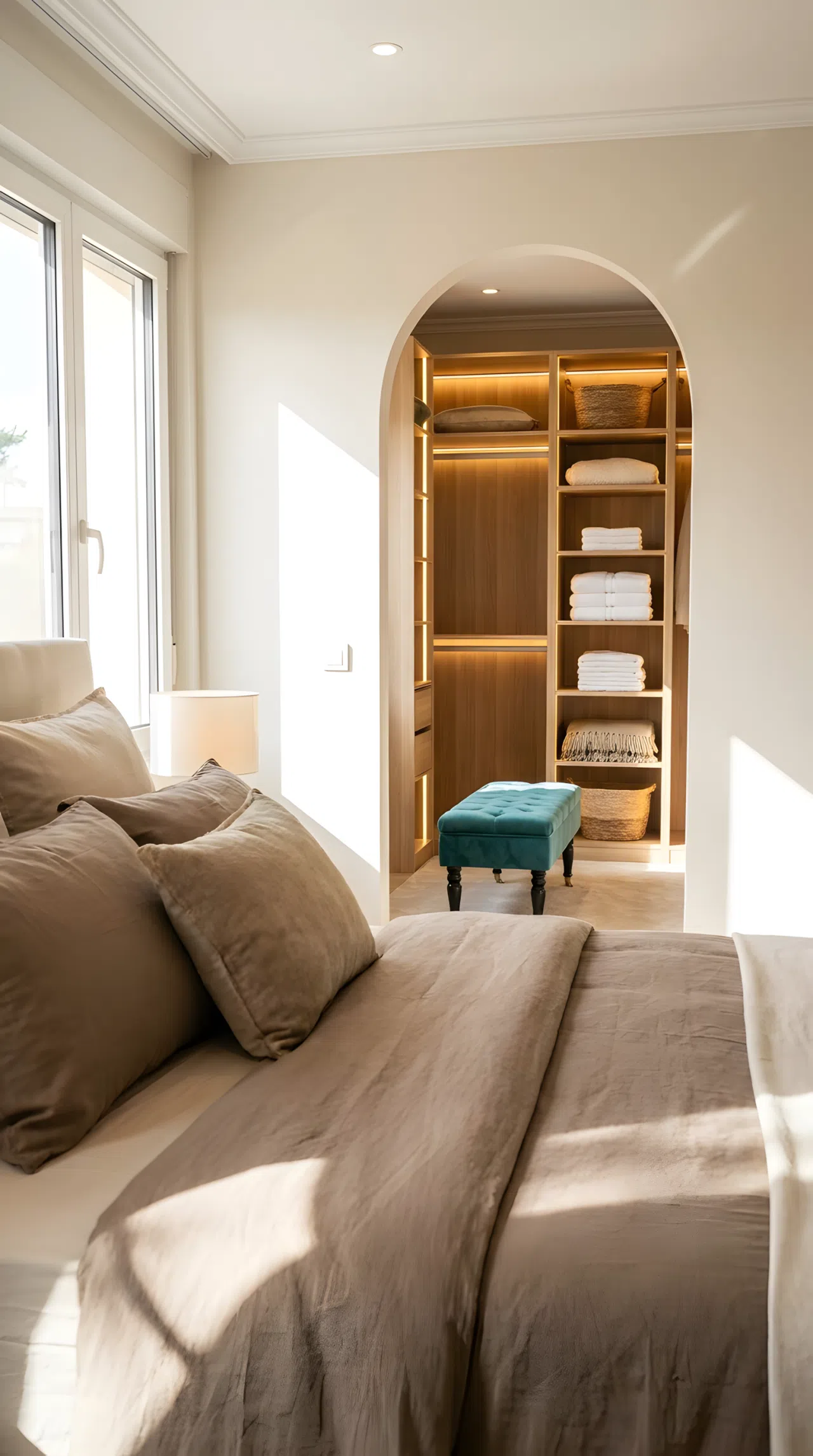 A bedroom scene showing a neatly made luxury bed in the foreground with a glimpse into an organized walk-in closet featuring a small upholstered seating bench, folded linens, and soft ambient lighting, beautifully arranged and organized, bright natural light, real-life stock photography style, vibrant tones, no people, no text overlay, Pinterest-ready composition.