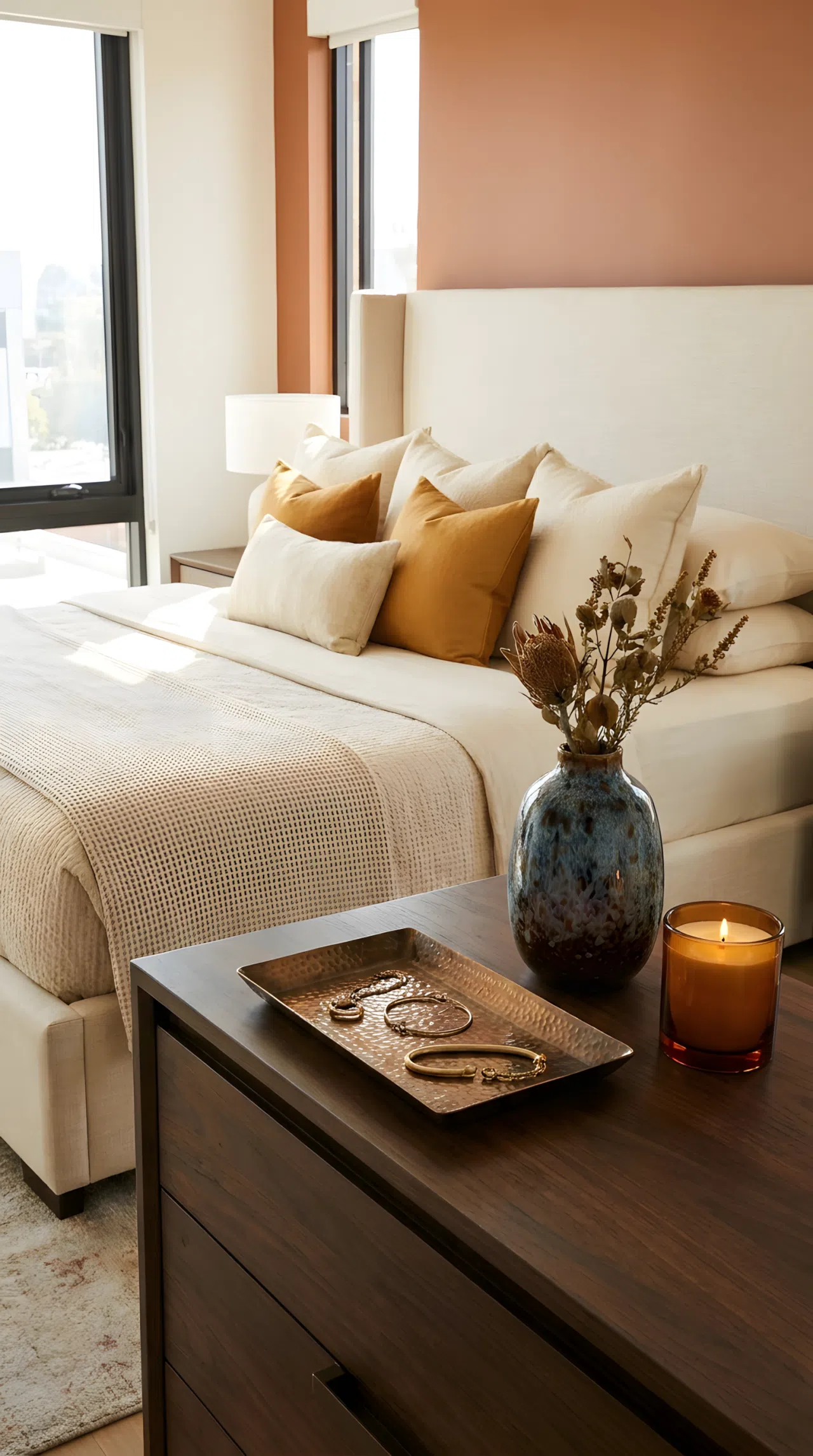 A neatly made luxury bed with a nearby dresser styled with a curated trio of decor objects, a bronze trinket tray, a hand-glazed ceramic vase, and a tinted glass candleholder, beautifully arranged and organized, bright natural light, real-life stock photography style, vibrant warm tones, no people, no text overlay, Pinterest-ready composition.