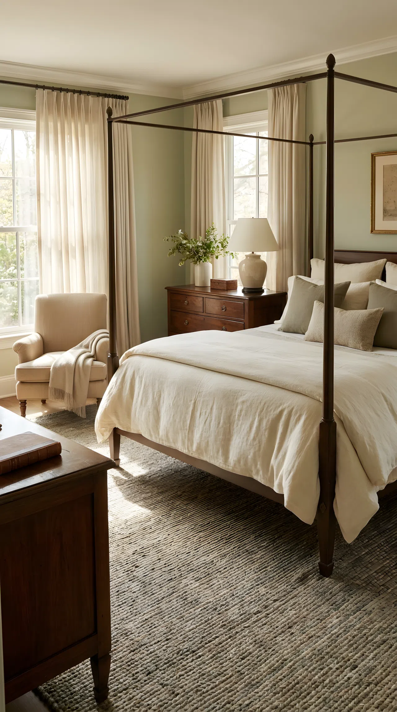 An old-money style luxury bedroom with a neatly made luxury bed in tailored cream linen, a wool area rug, one tailored beige armchair, muted neutral tones throughout, beautifully arranged and organized, bright natural light, real-life stock photography style, vibrant yet understated palette, no people, no text overlay, Pinterest-ready composition.