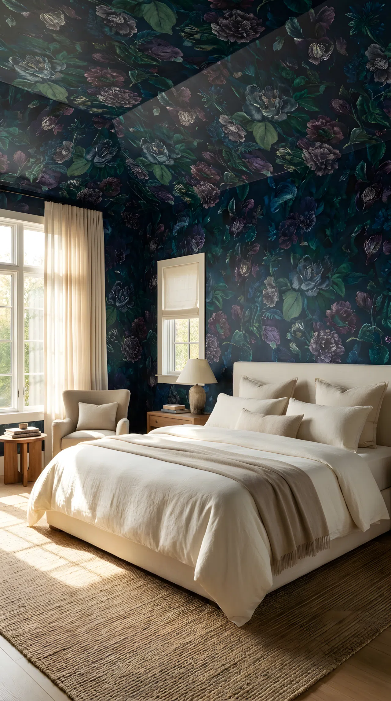 A luxury bedroom with bold floral patterned wallpaper wrapping from the walls onto the ceiling in rich jewel tones (RGB 43,79,106), a neatly made luxury bed in simple cream bedding below, beautifully arranged and organized, bright natural light, real-life stock photography style, vibrant rich colors, no people, no text overlay, Pinterest-ready composition.
