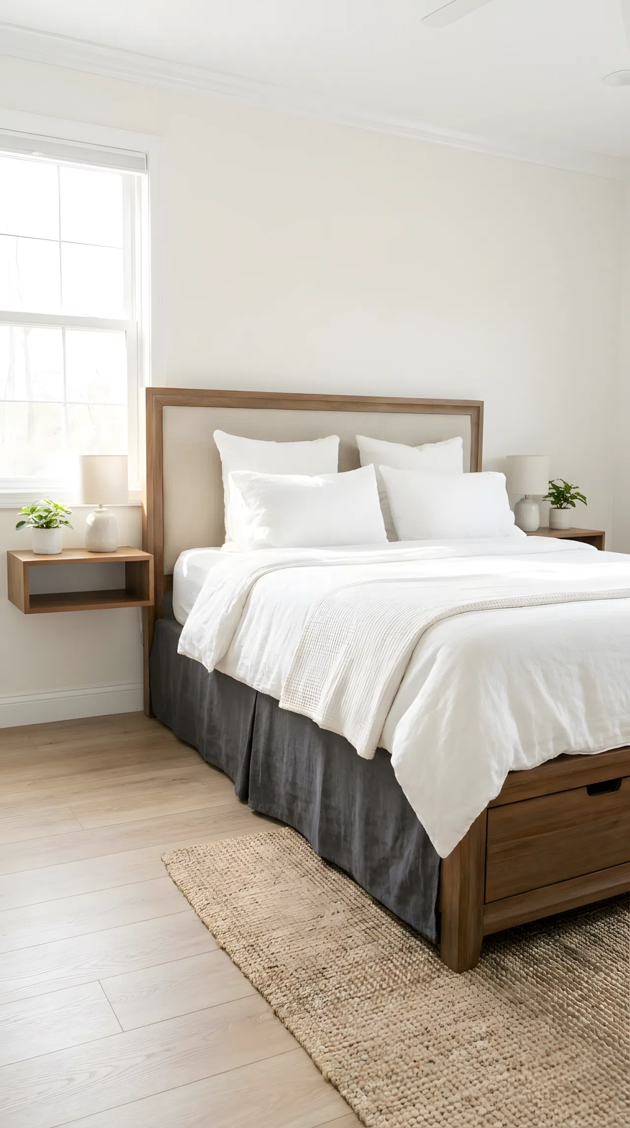 A luxury bed frame with built-in under-bed storage, neatly made bedding, a tailored fitted bed skirt concealing the storage compartment, minimal nightstands on either side, beautifully arranged and organized, bright natural light, real-life stock photography style, vibrant clean tones, no people, no text overlay, Pinterest-ready composition.