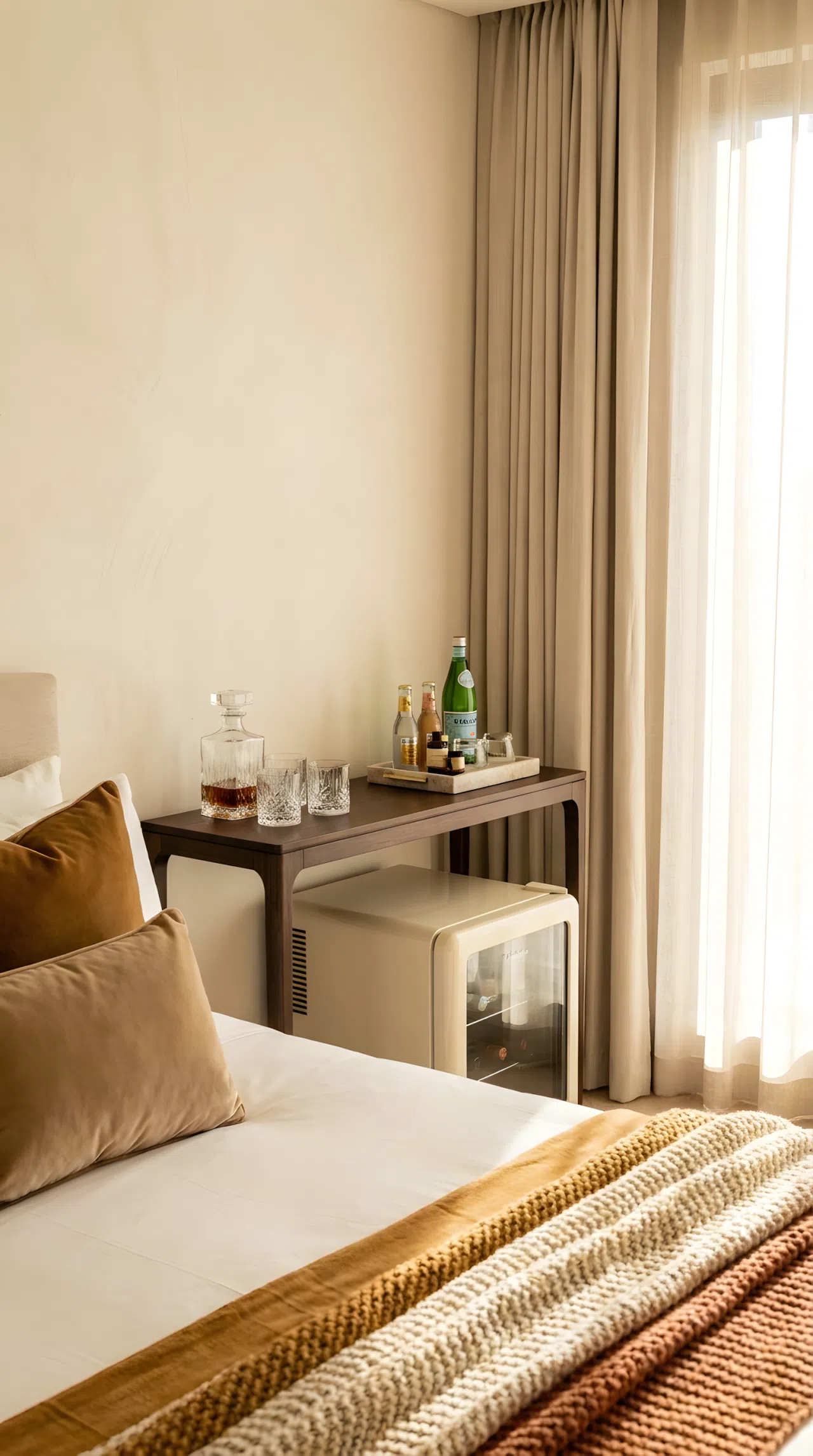 A luxury bedroom corner with a slim console styled as a beverage nook, a mini fridge, glassware, and a neat tray, with a neatly made luxury bed visible nearby, beautifully arranged and organized, bright natural light, real-life stock photography style, vibrant warm tones, no people, no text overlay, Pinterest-ready composition.