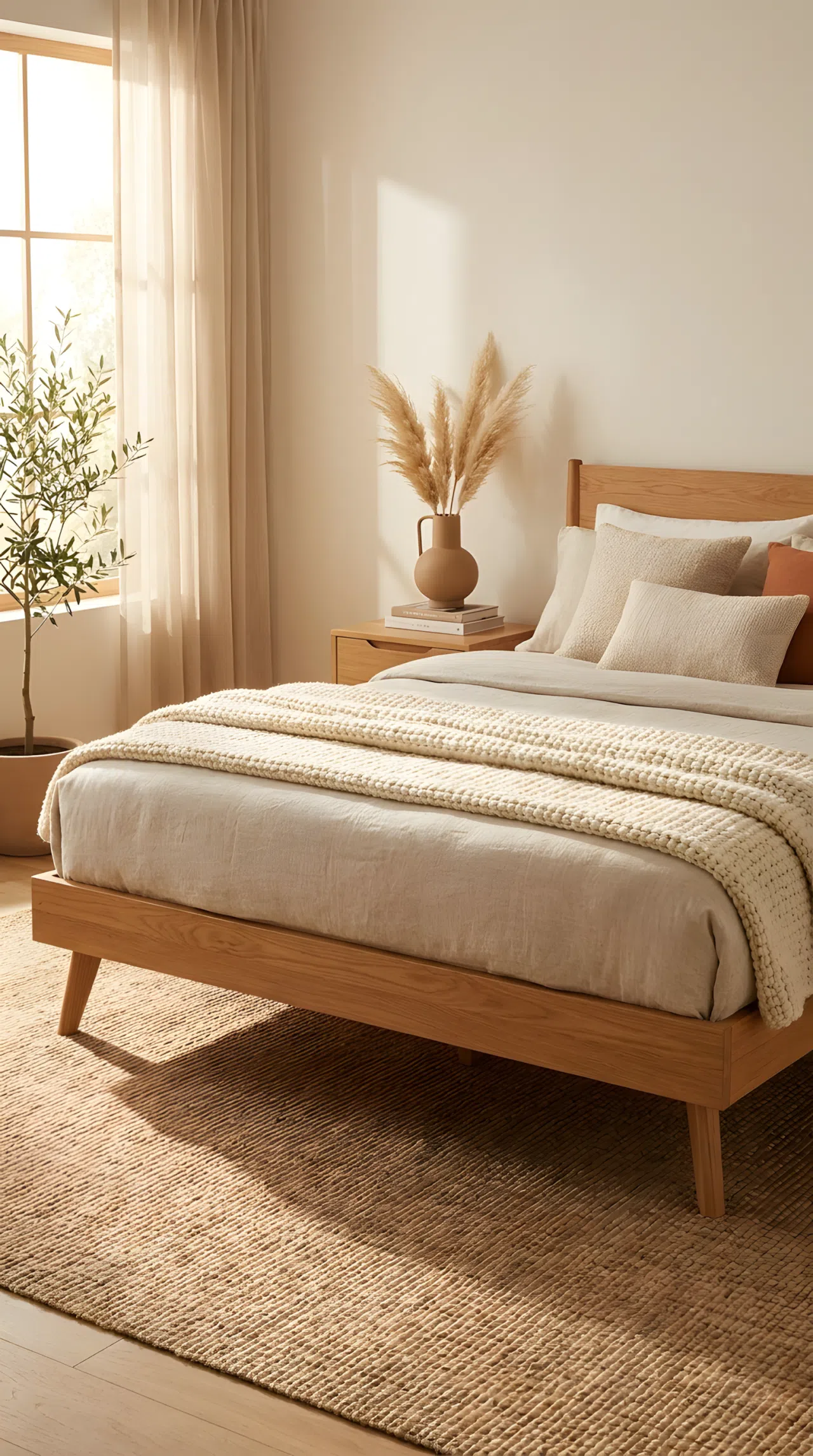 Real-life photo of a low-profile wooden Japandi bed frame neatly made with a woven throw and single ceramic vase, bright natural light, beautifully arranged, organized, clean, vibrant warm tones, Pinterest-ready bedroom.