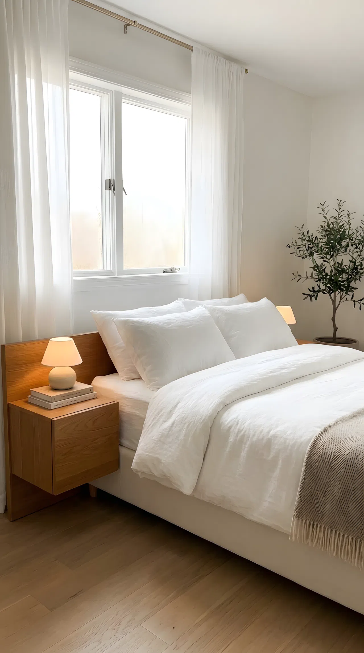 Real-life photo of an all-white minimalist bed with one warm wood nightstand and lamp, neatly made, bright natural light, beautifully arranged, organized, clean, vibrant white and wood contrast, Pinterest-ready bedroom.