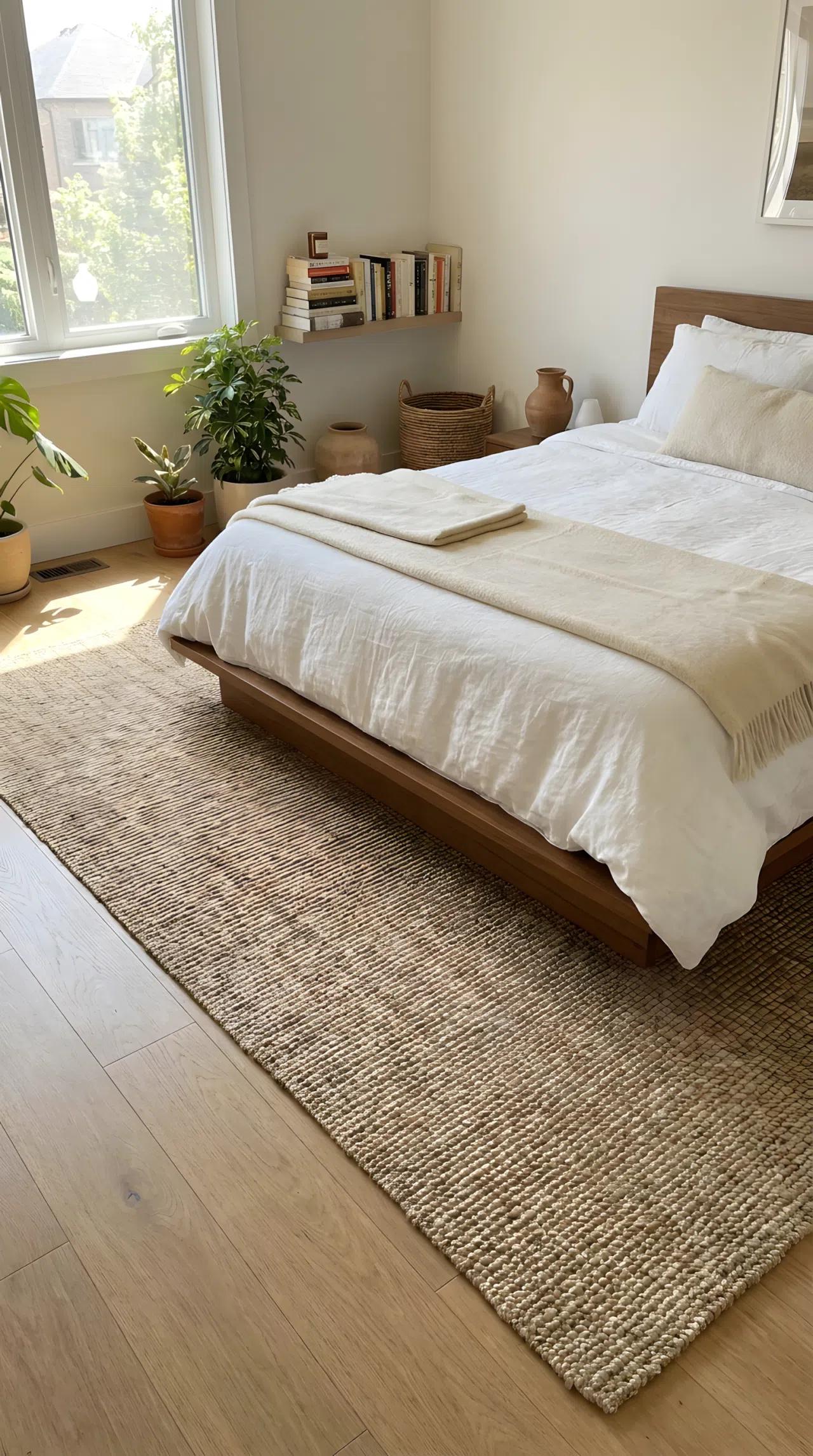 Real-life photo of a jute rug grounding a minimalist bed on wood flooring, neatly made, bright natural light, beautifully arranged, organized, clean, vibrant natural tones, Pinterest-ready bedroom.