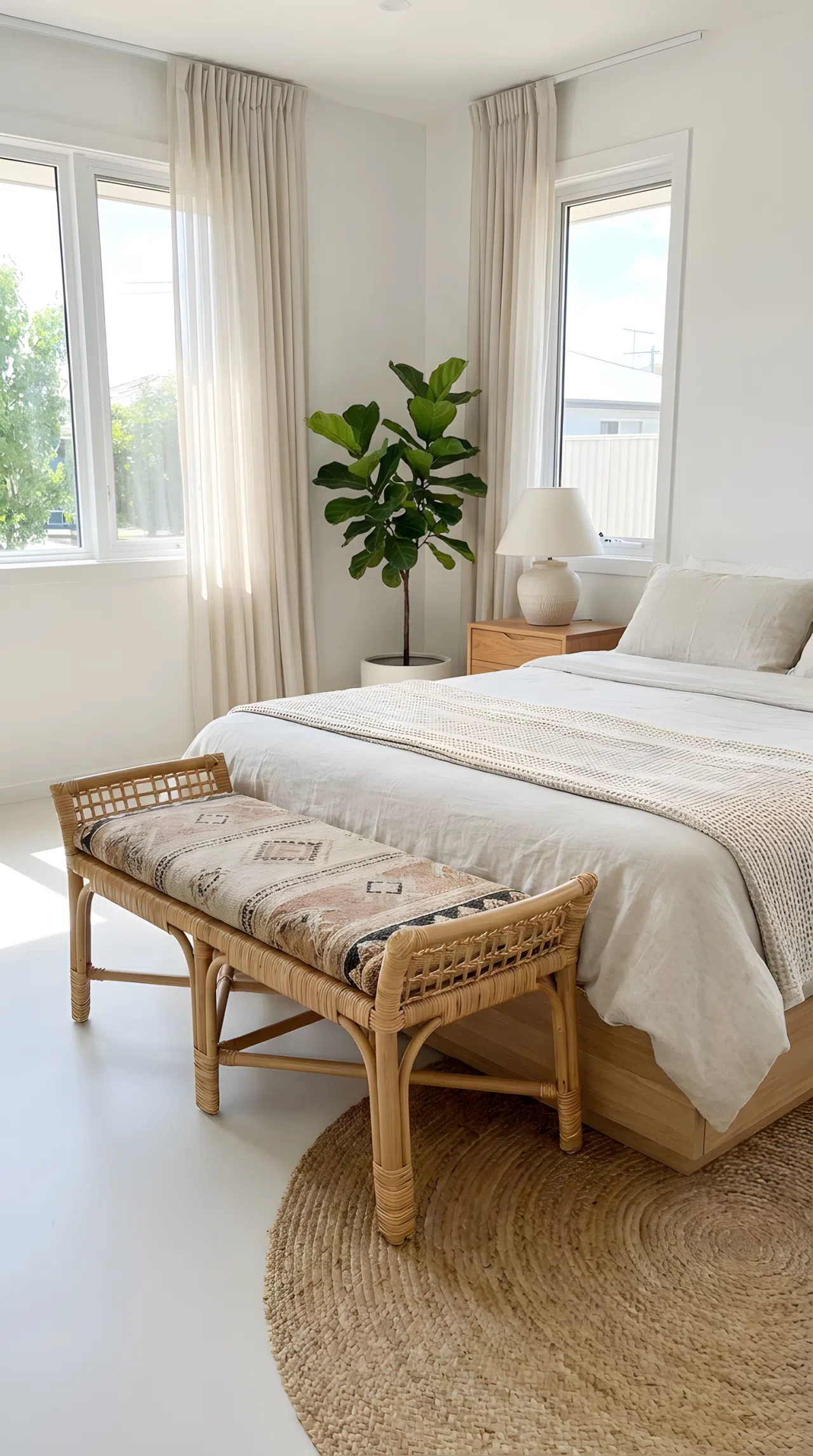 Real-life photo of a woven rattan bench at the foot of a minimalist bed, neatly made, bright natural light, beautifully arranged, organized, clean, vibrant natural texture, Pinterest-ready bedroom.