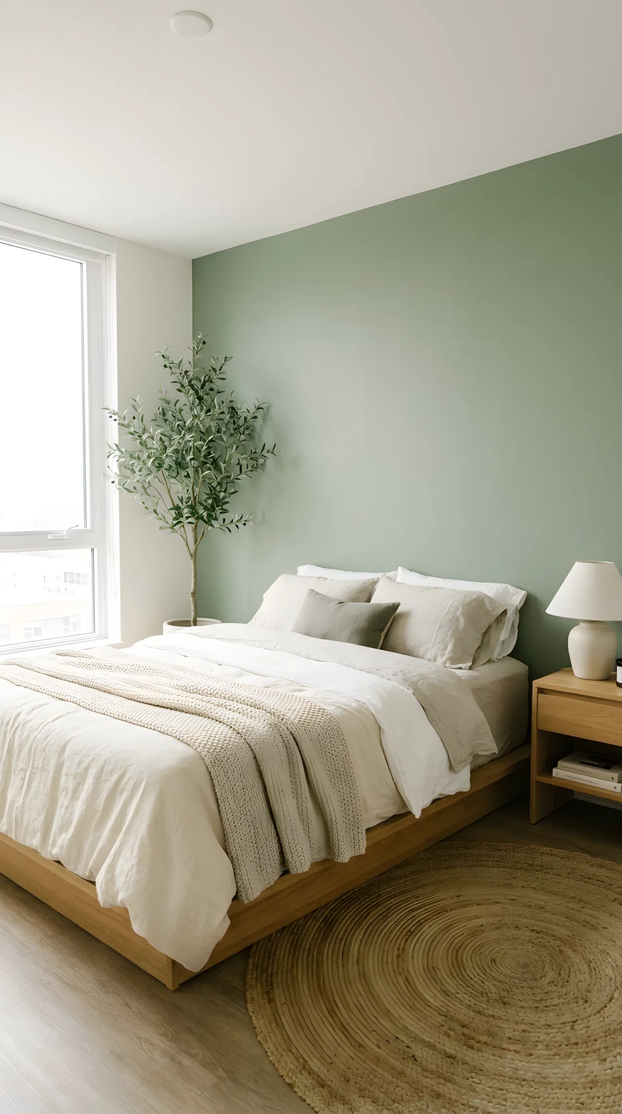 Real-life photo of a minimalist bed against a muted sage green accent wall (RGB 156,175,136), neatly made, bright natural light, beautifully arranged, organized, clean, vibrant, Pinterest-ready bedroom.