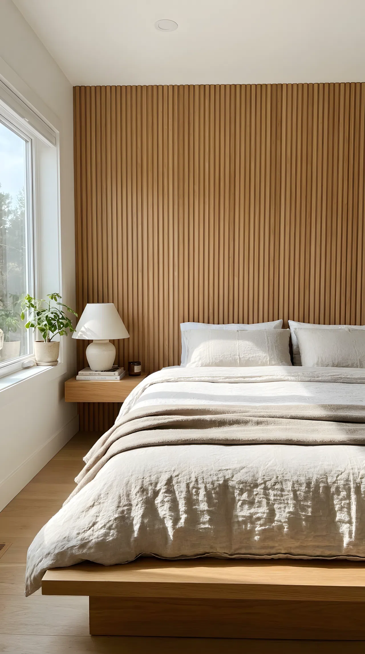 Real-life photo of a minimalist bed framed by vertical wood slat wall paneling, neatly made, bright natural light, beautifully arranged, organized, clean, vibrant wood tones, Pinterest-ready bedroom.