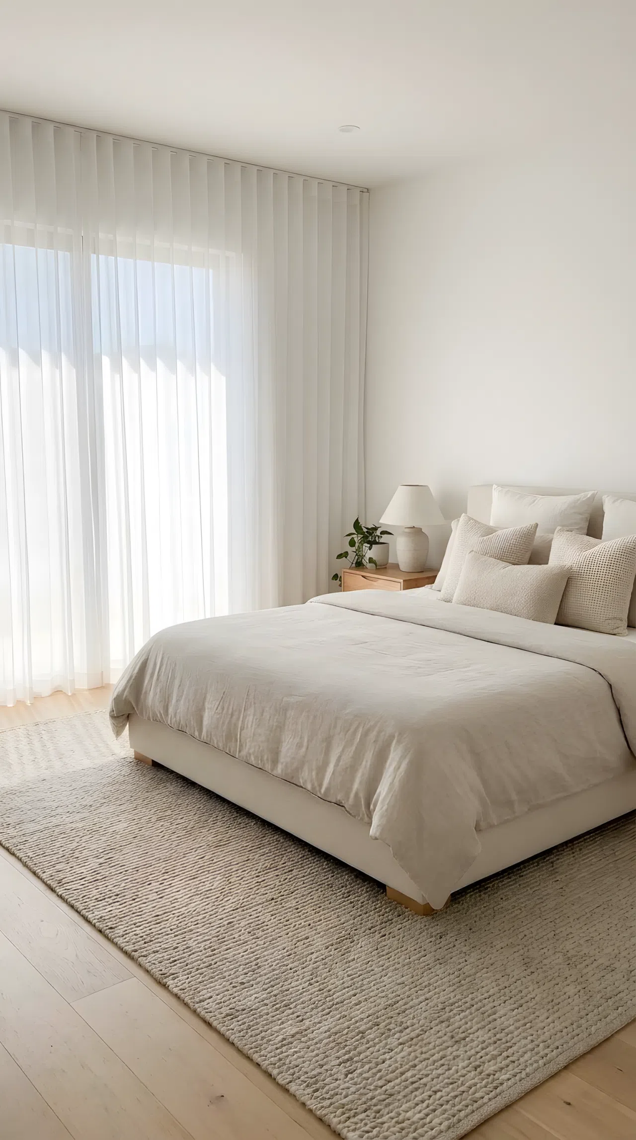 Real-life photo of a minimalist bed framed by vertical wood slat wall paneling, neatly made, bright natural light, beautifully arranged, organized, clean, vibrant wood tones, Pinterest-ready bedroom.