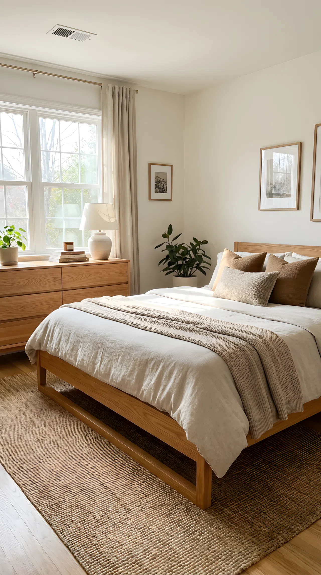 Real-life photo of a solid oak bed frame matched with a low wood dresser, neatly made, bright natural light, beautifully arranged, organized, clean, vibrant warm wood tones, Pinterest-ready bedroom.