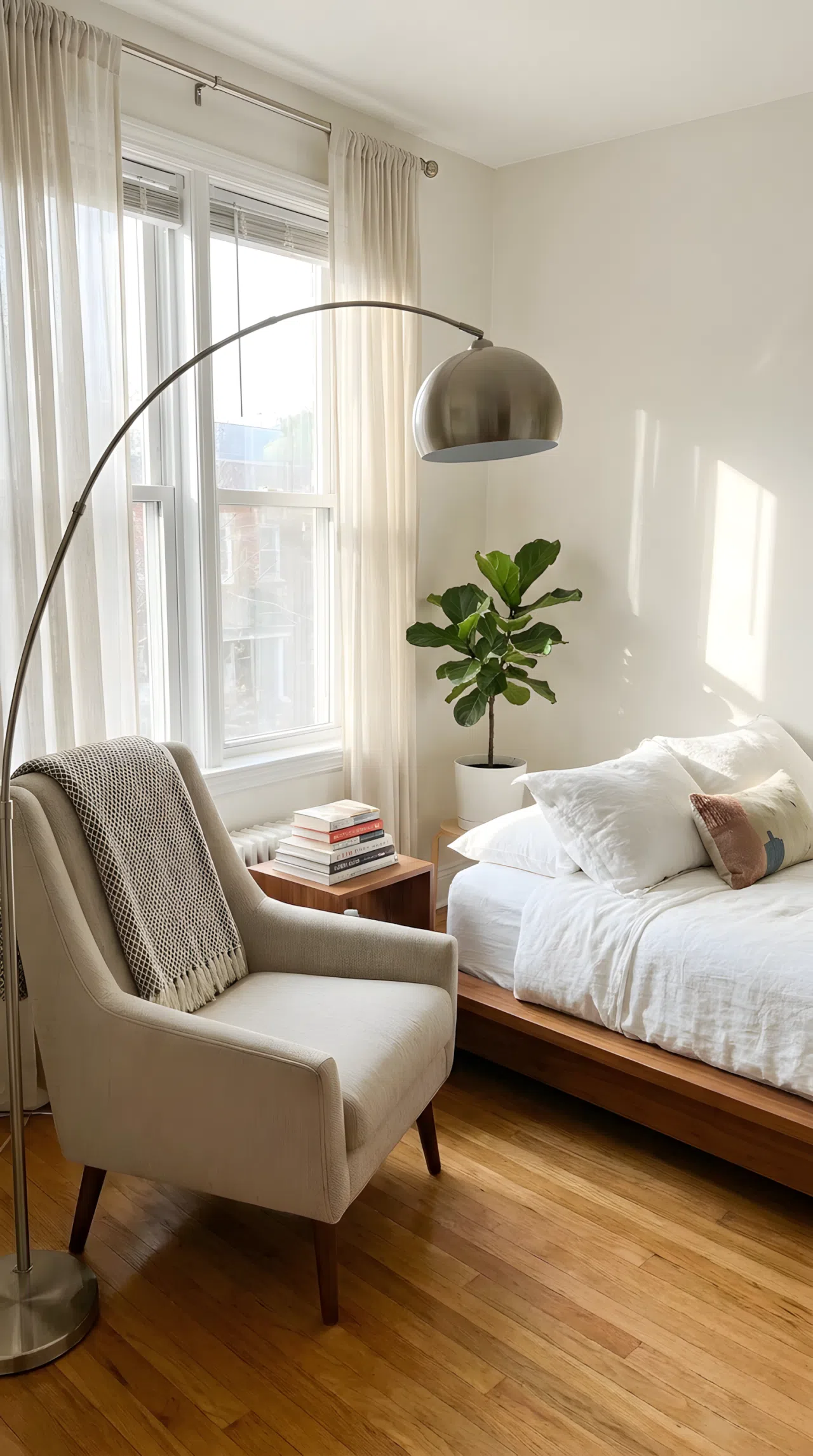 Real-life photo of a slim armchair reading nook beside a minimalist bed with floor lamp, neatly made, bright natural light, beautifully arranged, organized, clean, vibrant, Pinterest-ready bedroom.
