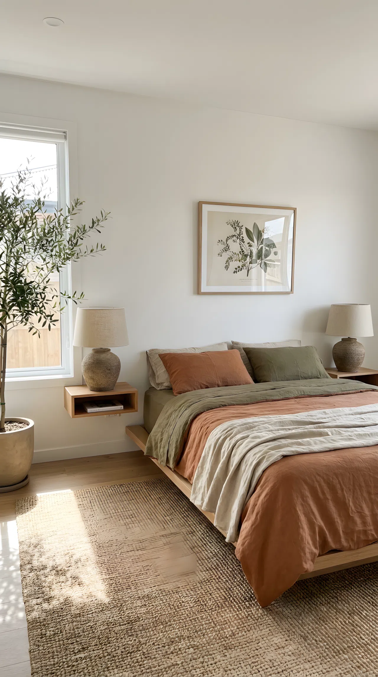 Real-life photo of matching ceramic lamps symmetrically placed on either side of a minimalist bed, neatly made, bright natural light, beautifully arranged, organized, clean, vibrant earthy tones, Pinterest-ready bedroom.