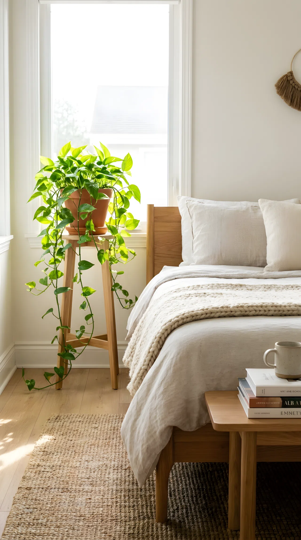Real-life photo of a single trailing pothos plant on a stand beside a minimalist bed, neatly made, bright natural light, beautifully arranged, organized, clean, vibrant green tones, Pinterest-ready bedroom.