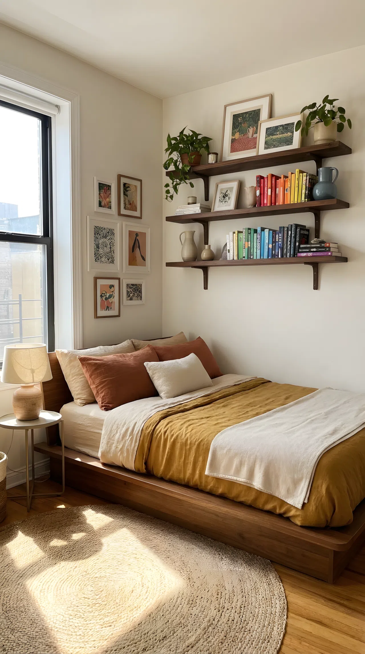 Real-life photo of a platform bed tucked into a small apartment corner with floating shelves, neatly made, bright natural light, beautifully arranged, organized, clean, vibrant colors, Pinterest-ready bedroom styling.