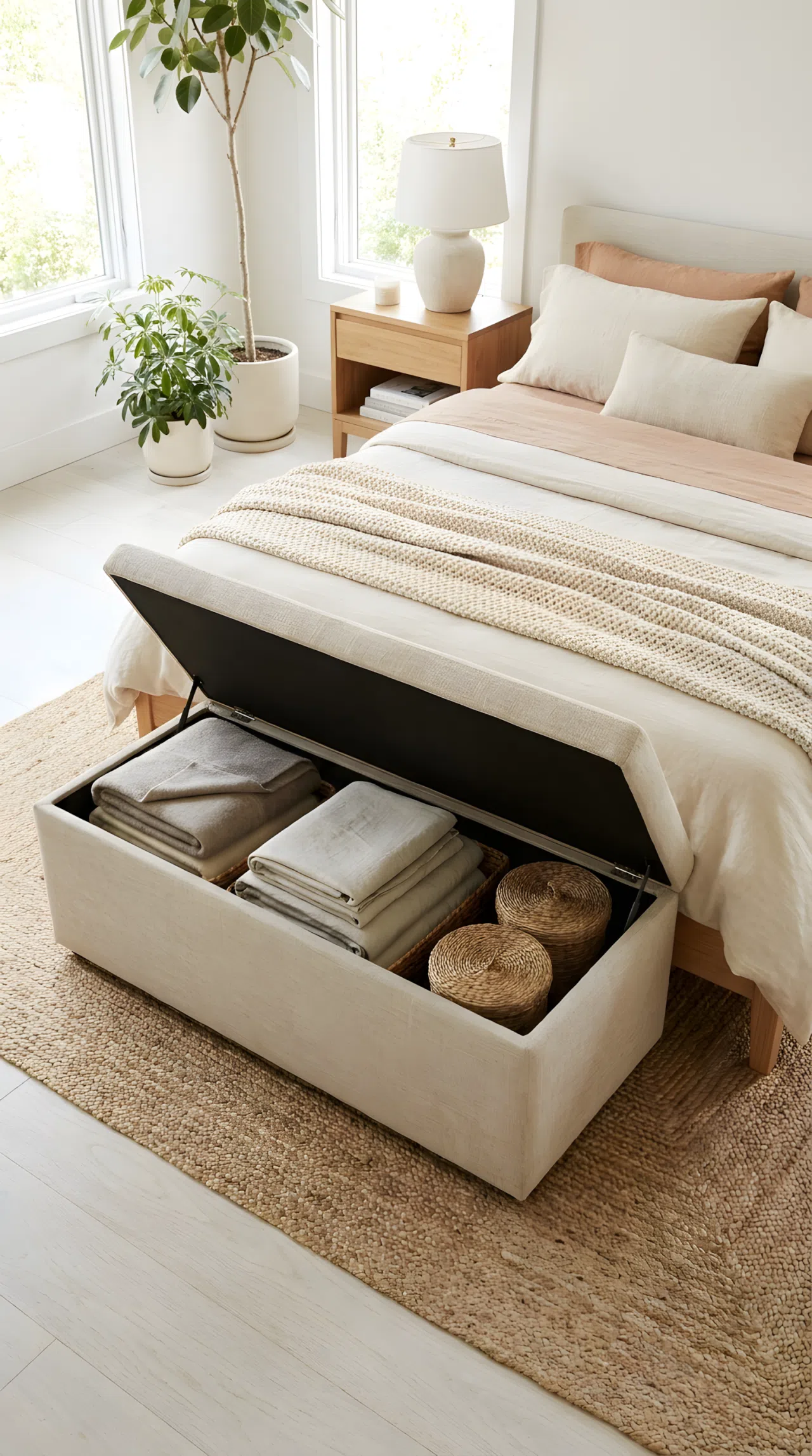 Real-life photo of a linen storage ottoman at the foot of a minimalist bed, neatly made, bright natural light, beautifully arranged, organized, clean, vibrant neutral tones, Pinterest-ready bedroom.