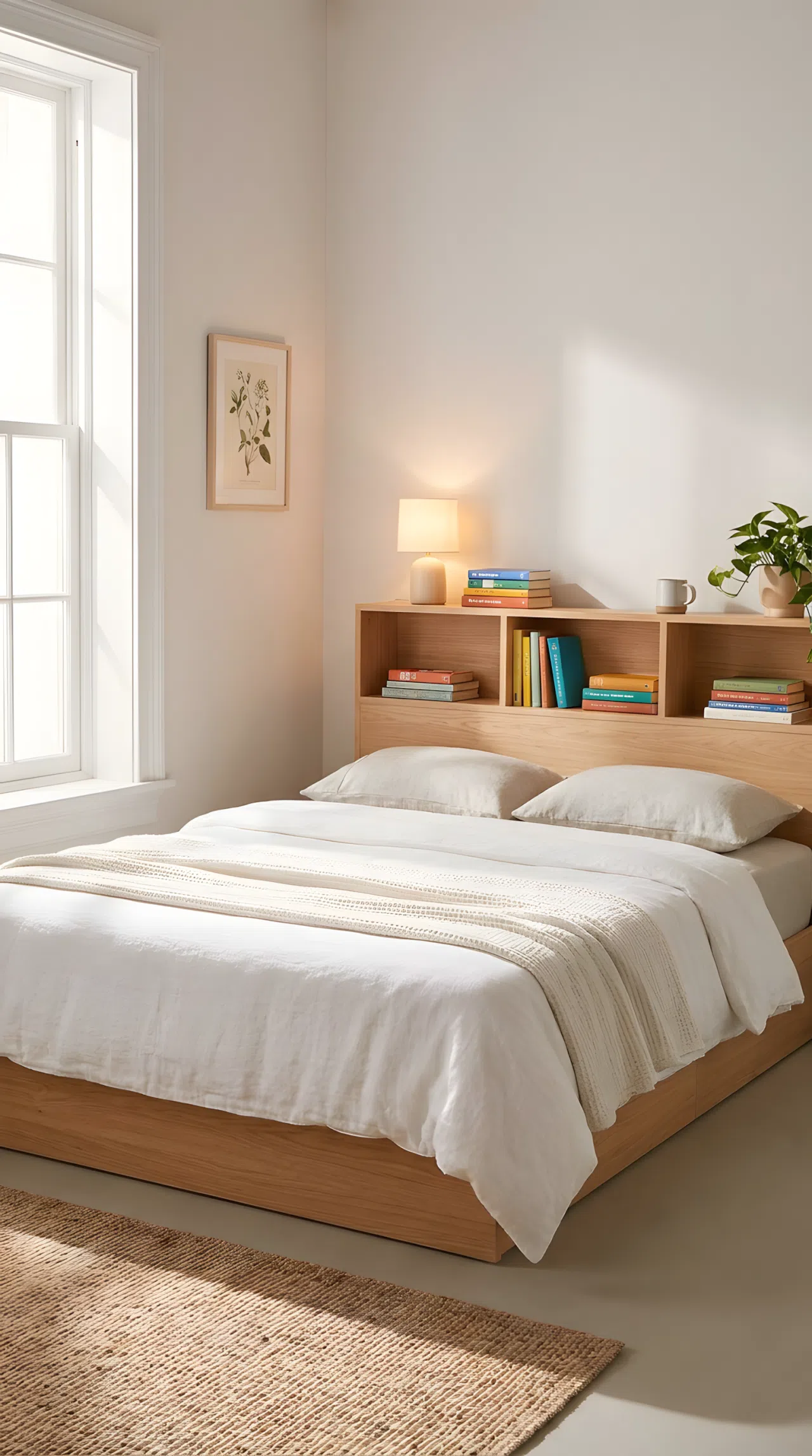 Real-life photo of a minimalist bed with built-in storage headboard, neatly made, books and lamp beautifully arranged in cubbies, bright natural light, organized, clean, vibrant tones, Pinterest-ready bedroom.