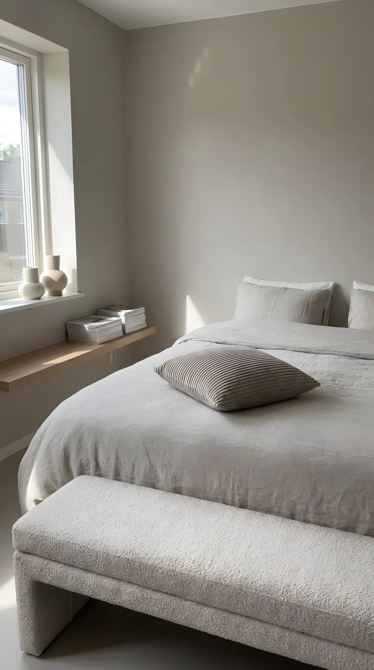 Real-life photo of a monochrome minimalist bed styled in warm greige tones (RGB 200,190,178) with ribbed pillow and bouclé bench, neatly made, bright natural light, beautifully arranged, organized, clean, vibrant, Pinterest-ready bedroom.