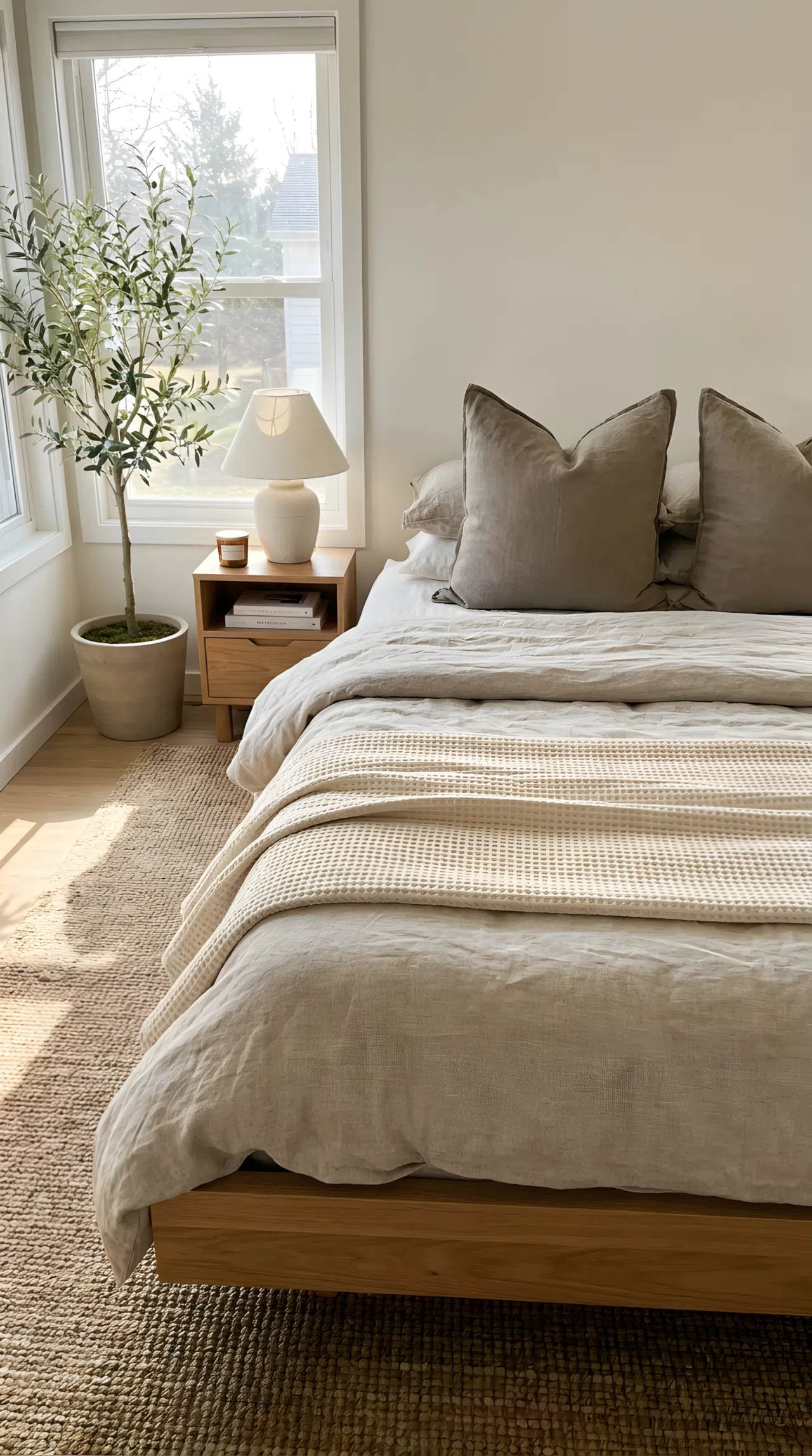 Real-life photo of a platform bed layered with linen duvet, waffle-knit blanket, and oversized pillow, neatly made, bright natural light, beautifully arranged, organized, clean, vibrant textures, Pinterest-ready bedroom.
