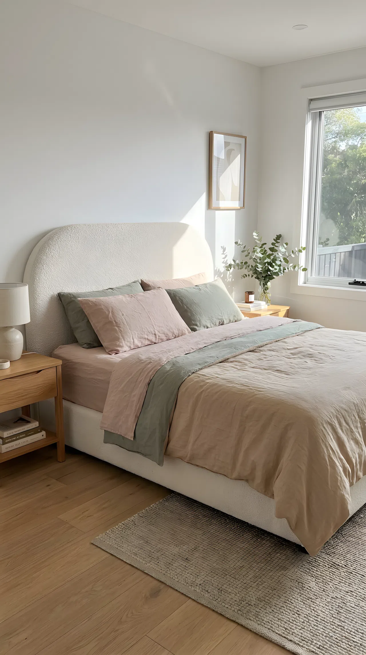 Real-life photo of a curved bouclé upholstered headboard on a minimalist bed, neatly made, bright natural light, beautifully arranged, organized, clean, vibrant soft tones, Pinterest-ready bedroom.
