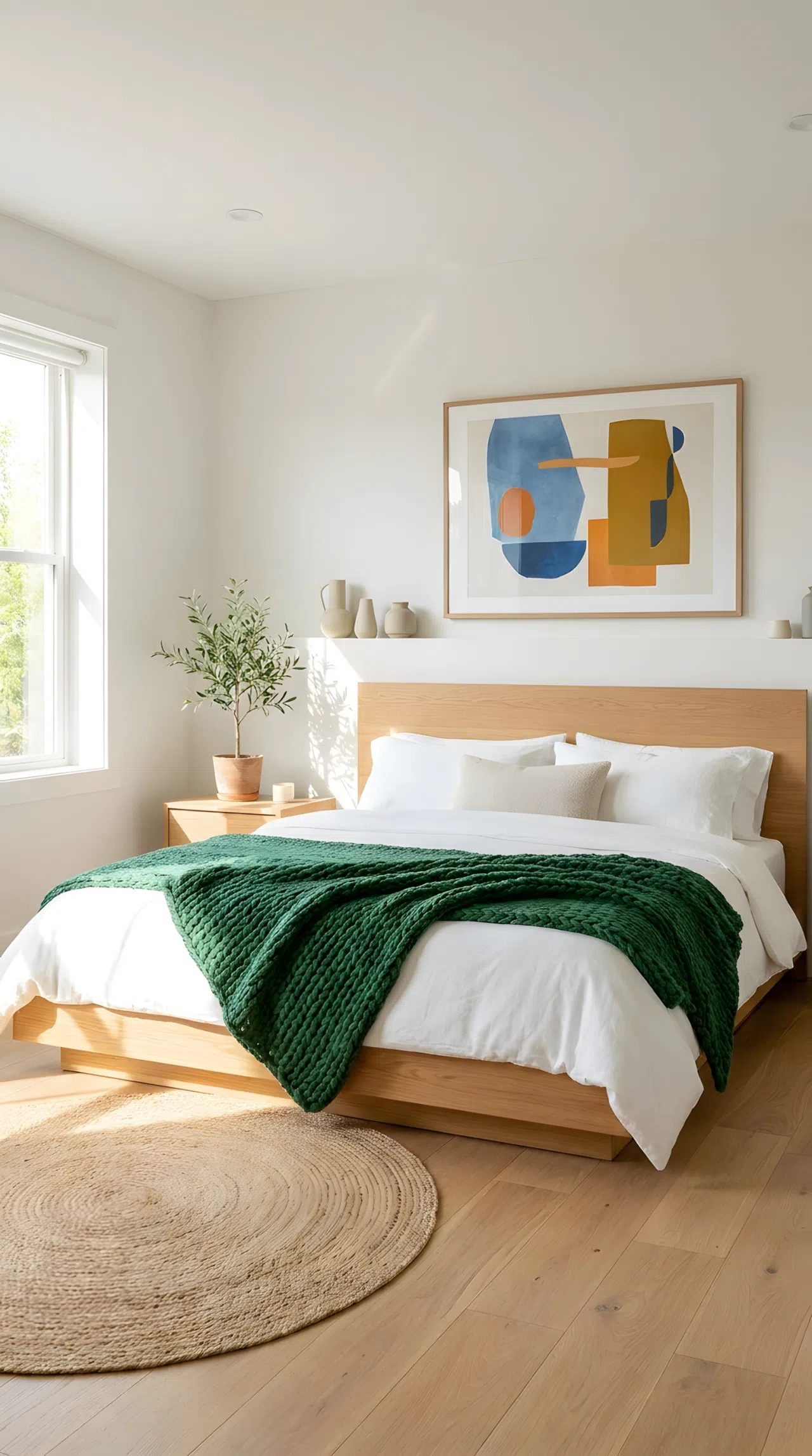 Real-life photo of a minimalist bed with one large abstract art print above the headboard, neatly made, bright natural light, beautifully arranged, organized, clean, vibrant accent color, Pinterest-ready bedroom.