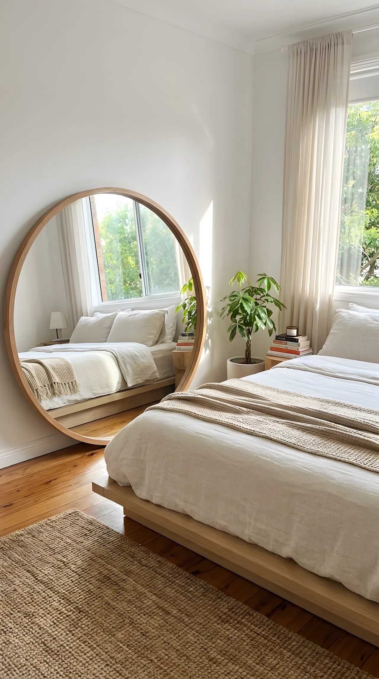 Real-life photo of a round mirror leaning near a minimalist bed reflecting a window, neatly made, bright natural light, beautifully arranged, organized, clean, vibrant, Pinterest-ready bedroom.