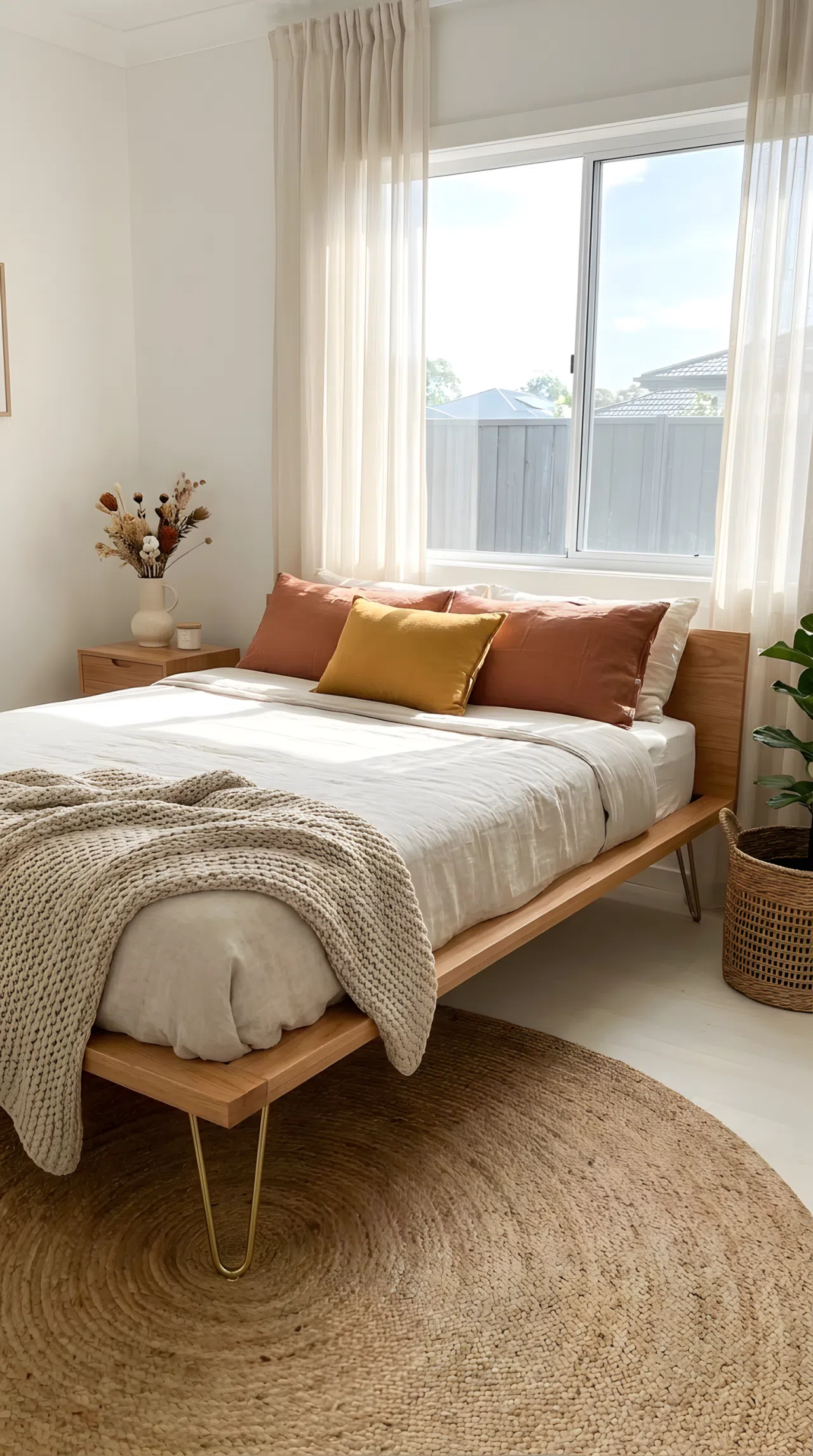 Real-life photo of a minimalist bed frame with subtle brass metal legs, neatly made, bright natural light, beautifully arranged, organized, clean, vibrant warm accents, Pinterest-ready bedroom.