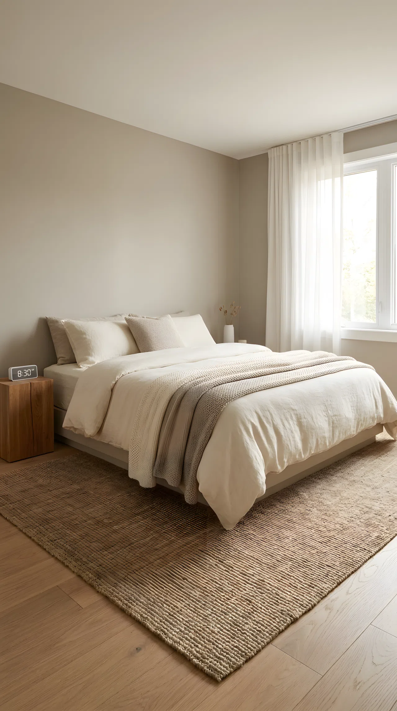 A real-life photograph of a modern bedroom with a warm greige color scheme (RGB 196, 180, 165 walls paired with RGB 158, 150, 142 bedding), featuring a neatly made bed with cream linens, a slim digital clock on the wooden nightstand, jute rug, and soft cream throws, beautifully arranged and organized, bright natural light, vibrant yet warm tones, Pinterest-ready stock photography, no people, no text overlays.
