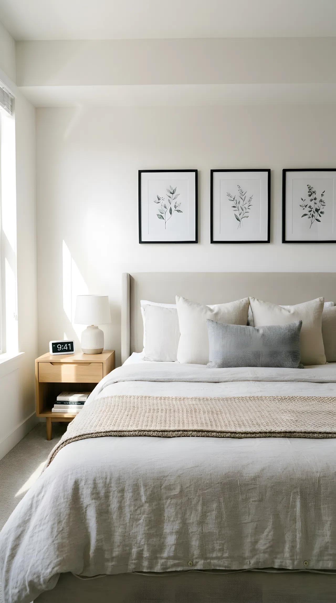 A real-life photograph of a modern bedroom with a neatly made bed and a small gallery wall of three thin black framed prints spaced evenly above the headboard, a simple digital clock on the nightstand, beautifully arranged and organized, bright natural light, vibrant clean tones, Pinterest-ready stock photography, no people, no text overlays.