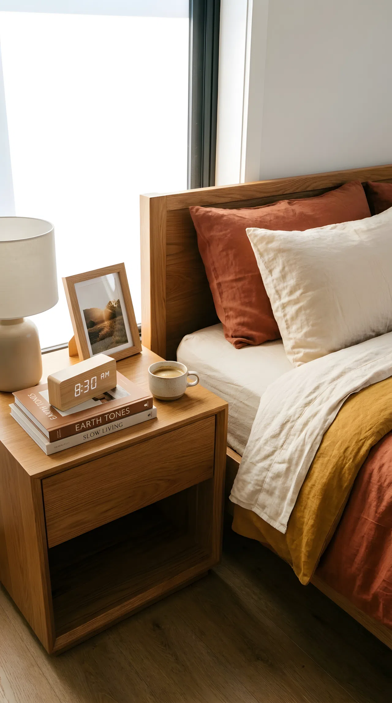 A real-life photograph of a modern bedroom with a neutral neatly made bed, one muted turquoise throw pillow (RGB 94, 145, 140) and a slim matching vase on the nightstand, a digital clock with a subtle ceramic base nearby, beautifully arranged and organized, bright natural light, vibrant accent tone, Pinterest-ready stock photography, no people, no text overlays.