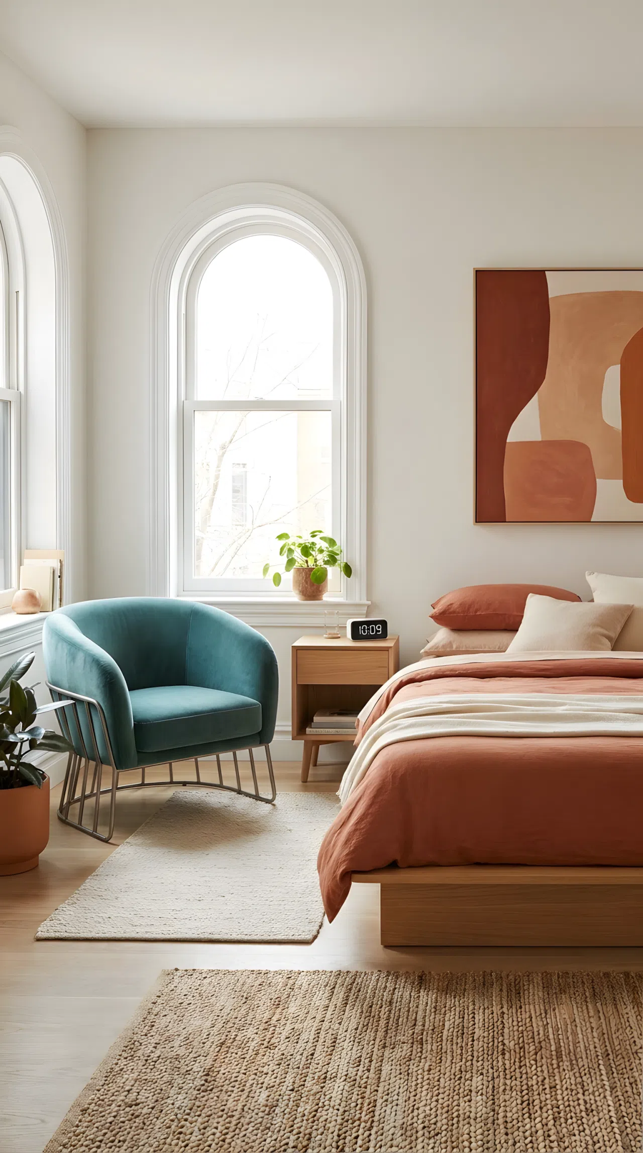 A real-life photograph of a minimalist modern bedroom with a neatly made bed in solid-color bedding, a nightstand holding only one small lamp and one digital clock, no clutter, beautifully arranged and organized, bright natural light, vibrant clean tones, Pinterest-ready stock photography, no people, no text overlays.