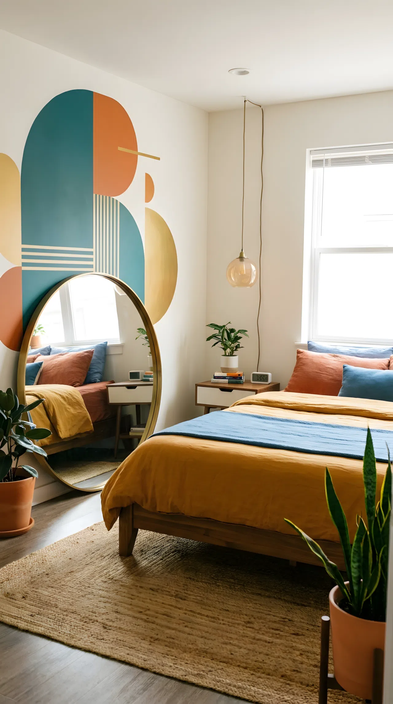 A real-life photograph of a renter-friendly modern bedroom with a freestanding bed, a large leaning mirror against the wall, a removable wall decal accent, a plug-in lamp and a battery digital clock on the nightstand, beautifully arranged and organized, bright natural light, vibrant tones, Pinterest-ready stock photography, no people, no text overlays.