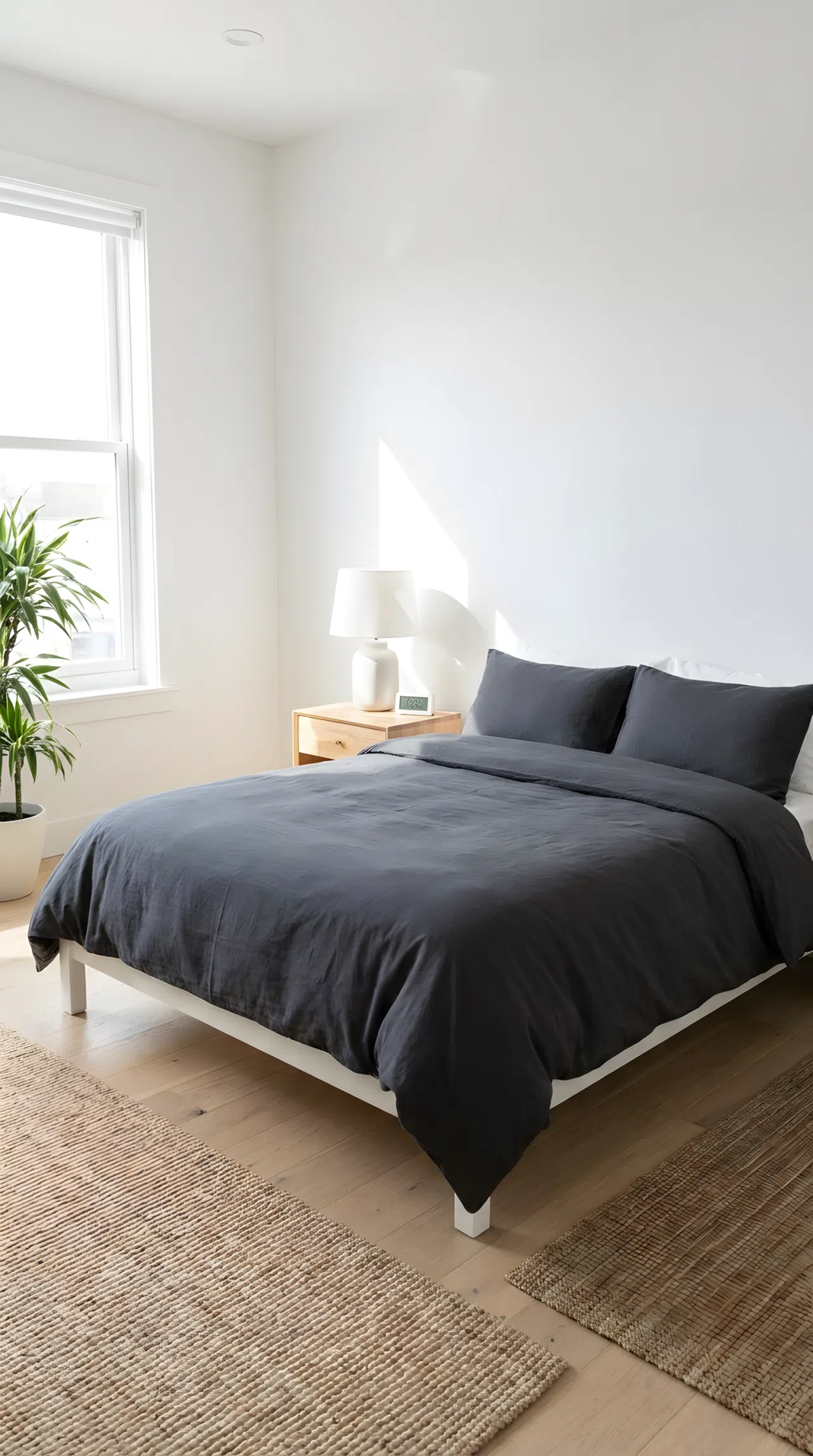 A real-life photograph of a modern bedroom with a curved sculptural accent chair in the corner near a neatly made bed, simple surrounding decor, a plain digital clock on the nightstand, beautifully arranged and organized, bright natural light, vibrant tones, Pinterest-ready stock photography, no people, no text overlays.