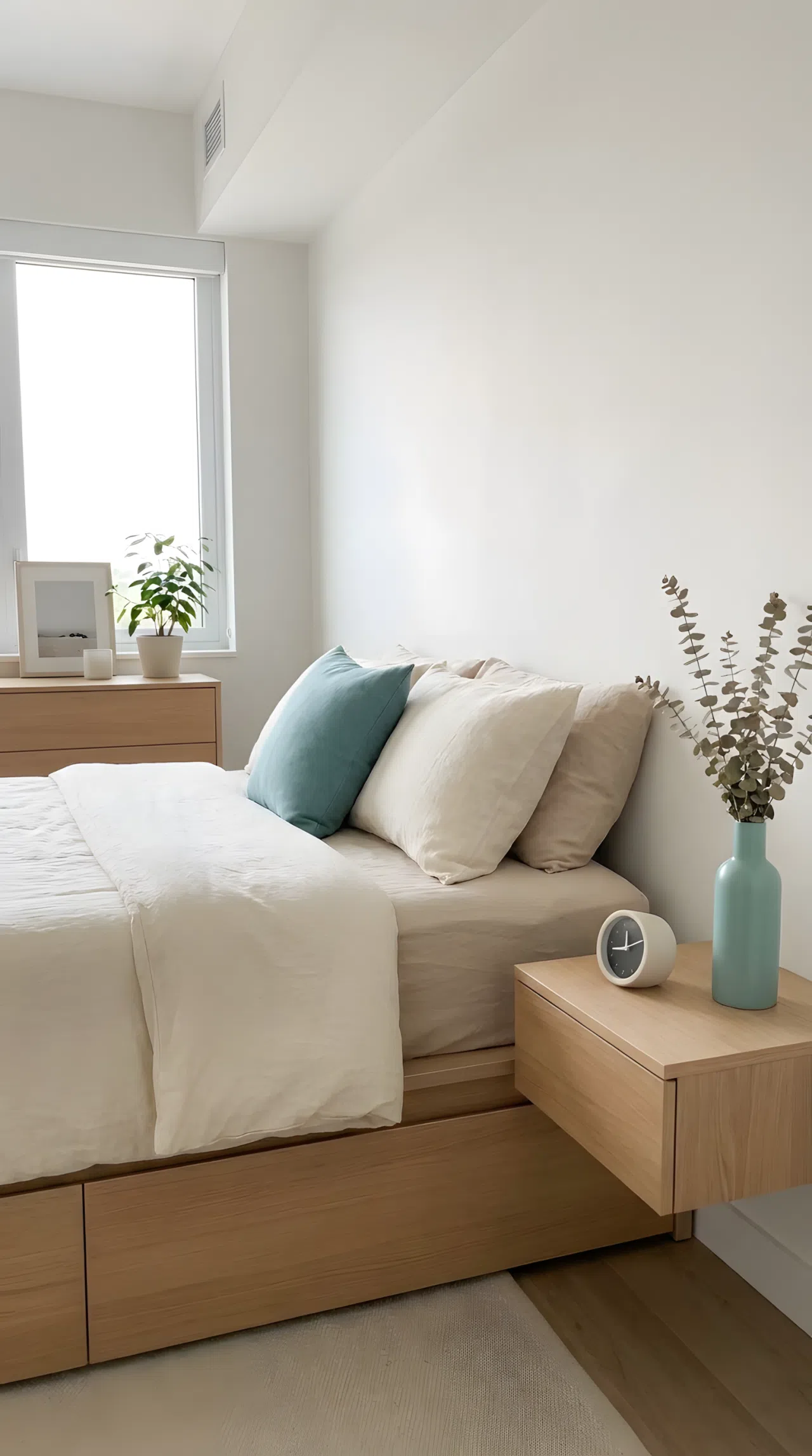 A real-life photograph of a modern bedroom nightstand beside a neatly made bed, featuring a small styled vignette of two stacked books, a slim digital clock, and one small leaning framed photo, beautifully arranged and organized, bright natural light, vibrant warm tones, Pinterest-ready stock photography, no people, no text overlays.