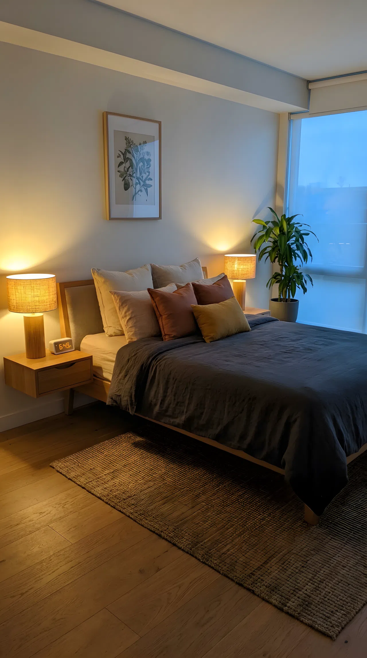 A real-life photograph of a modern bedroom at dusk, showing a neatly made bed flanked by two warm bedside lamps positioned low near the headboard, a digital clock glowing softly on one nightstand, light falling directly across the pillows, beautifully arranged and organized, bright natural light blending with warm lamp glow, clean styling, vibrant tones, Pinterest-ready stock photography, no people, no text overlays.