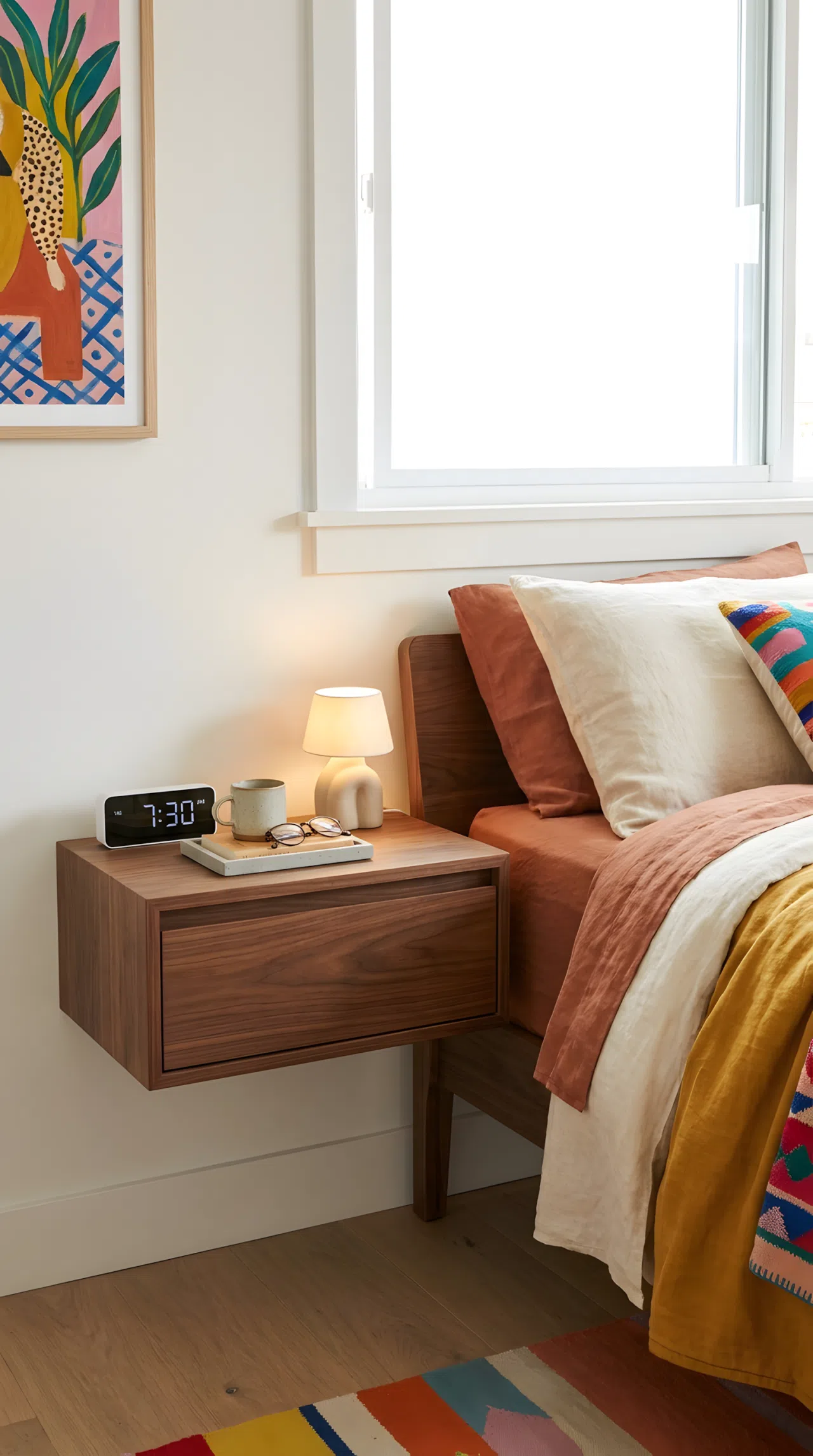 A real-life photograph of a modern bedroom nightstand beside a neatly made bed, featuring a slim digital clock, a small warm-toned lamp, and one small tray, drawer closed to hide cables, beautifully arranged and organized, clean surface, bright natural light, vibrant color accents, Pinterest-ready stock photography, no people, no text overlays.