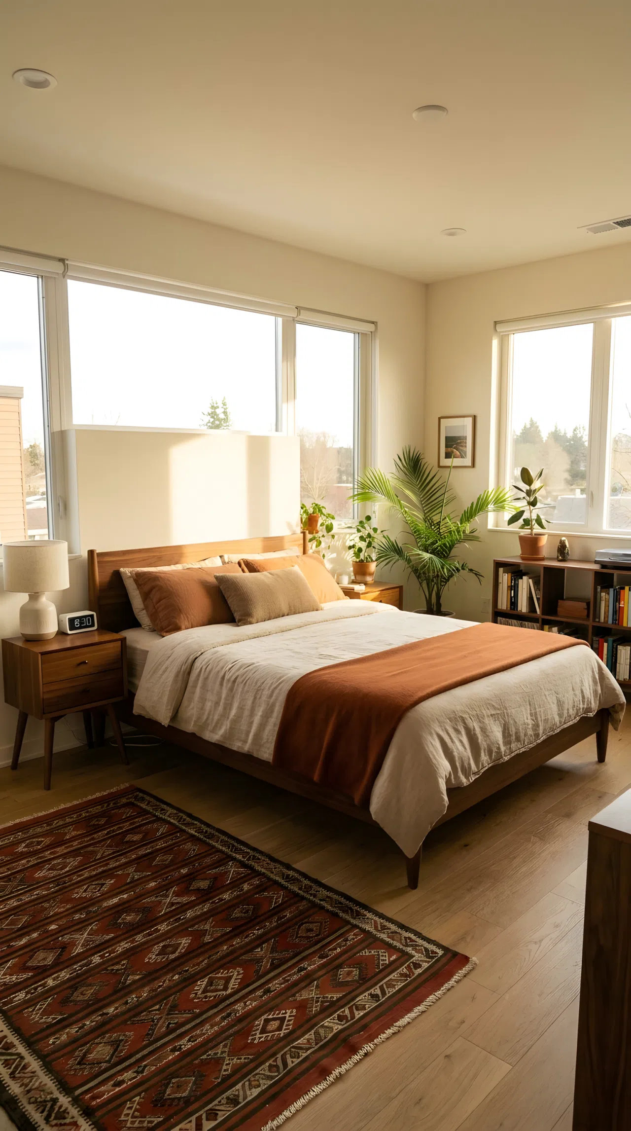 A real-life photograph of a modern bedroom featuring a mid-century style bed with tapered wooden legs and a low walnut headboard, neatly made with textured linen bedding, a digital clock on a matching wood nightstand, beautifully arranged and organized, bright natural light, vibrant warm tones, Pinterest-ready stock photography, no people, no text overlays.