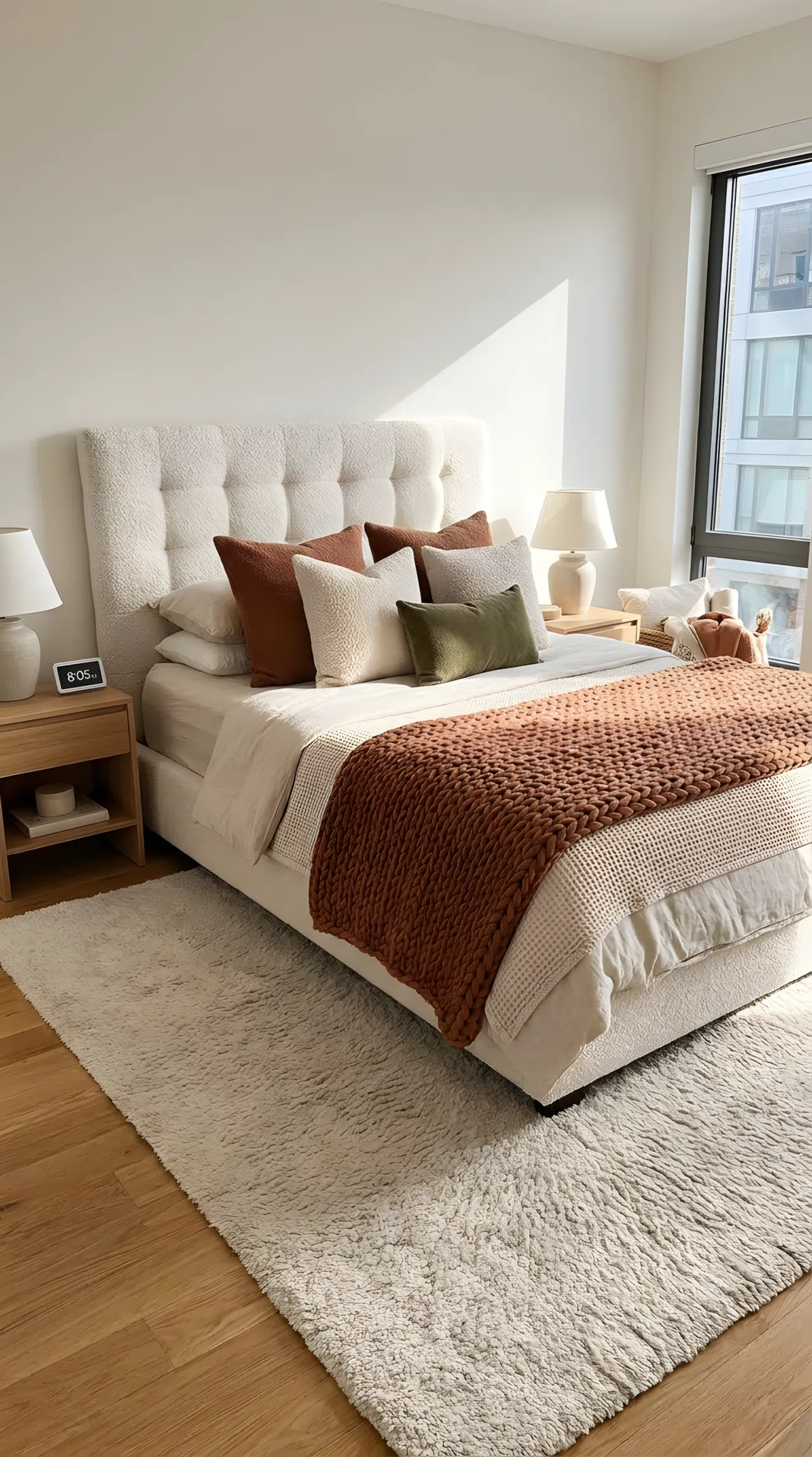 A real-life photograph of a modern bedroom with a tufted bouclé headboard, neatly made bed layered with a chunky knit throw and textured pillows, a simple digital clock on the nightstand, soft rug underfoot, beautifully arranged and organized, bright natural light, vibrant cozy tones, Pinterest-ready stock photography, no people, no text overlays.