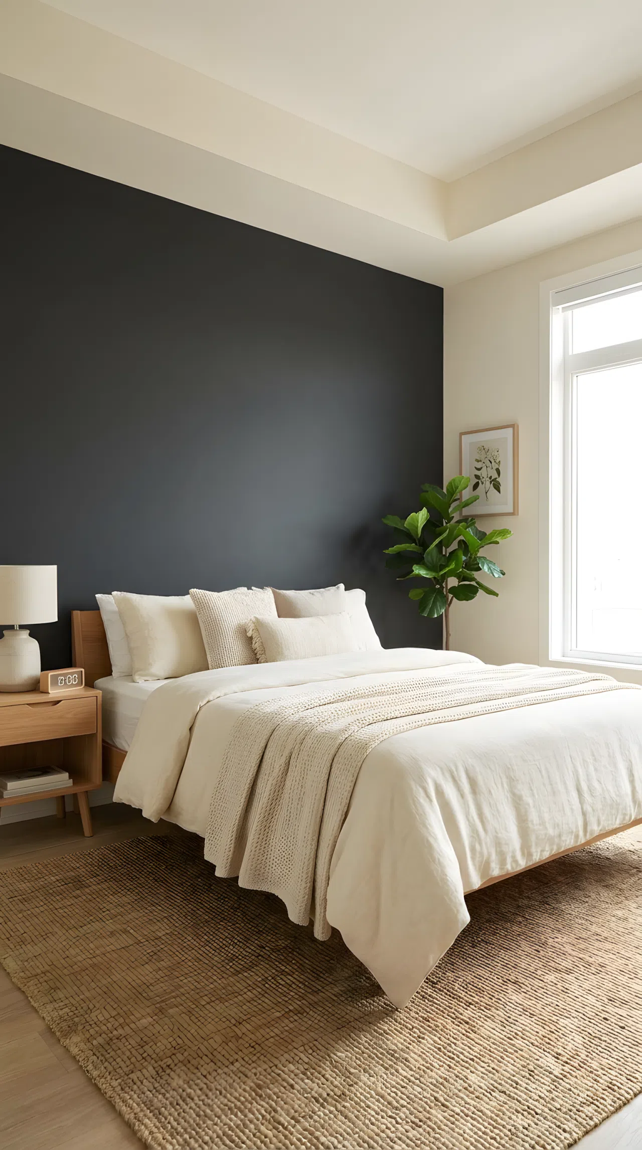 A real-life photograph of a modern bedroom with a deep charcoal accent wall (RGB 54, 54, 58) behind a neatly made bed with cream bedding, a light wood digital clock on the nightstand, lighter ceiling and trim, beautifully arranged and organized, bright natural light, vibrant contrast, Pinterest-ready stock photography, no people, no text overlays.