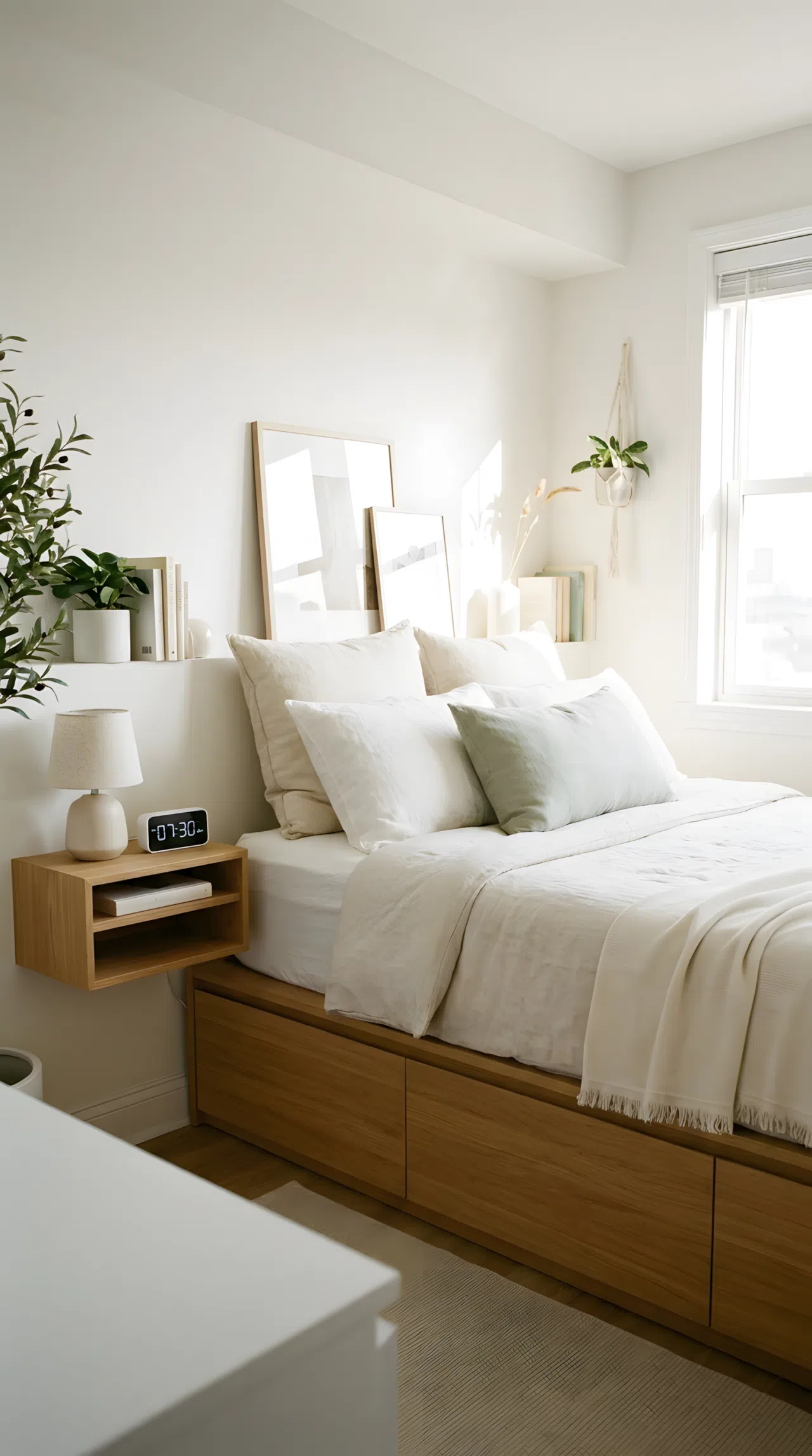 A real-life photograph of a small modern bedroom with a neatly made bed featuring built-in storage drawers, a slim wall-mounted floating shelf beside it holding a small lamp and a digital clock, light and consistent color palette, beautifully arranged and organized, bright natural light, vibrant clean tones, Pinterest-ready stock photography, no people, no text overlays.