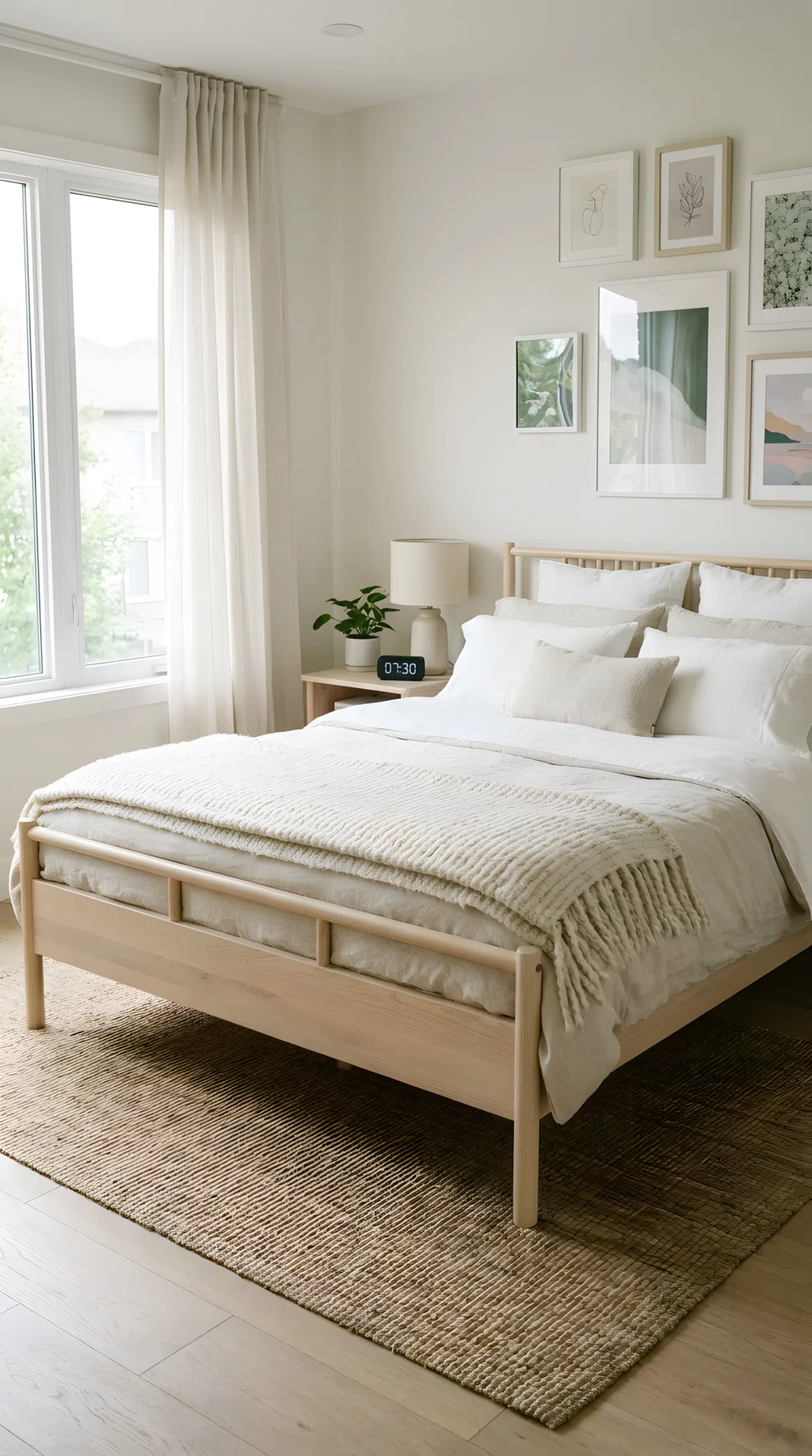 A real-life photograph of a Scandinavian-modern bedroom with a pale ash wood bed frame, neatly made with white and oatmeal bedding, a wool throw folded at the foot, a small matte black digital clock on the nightstand, beautifully arranged and organized, bright natural light, vibrant soft tones, Pinterest-ready stock photography, no people, no text overlays.