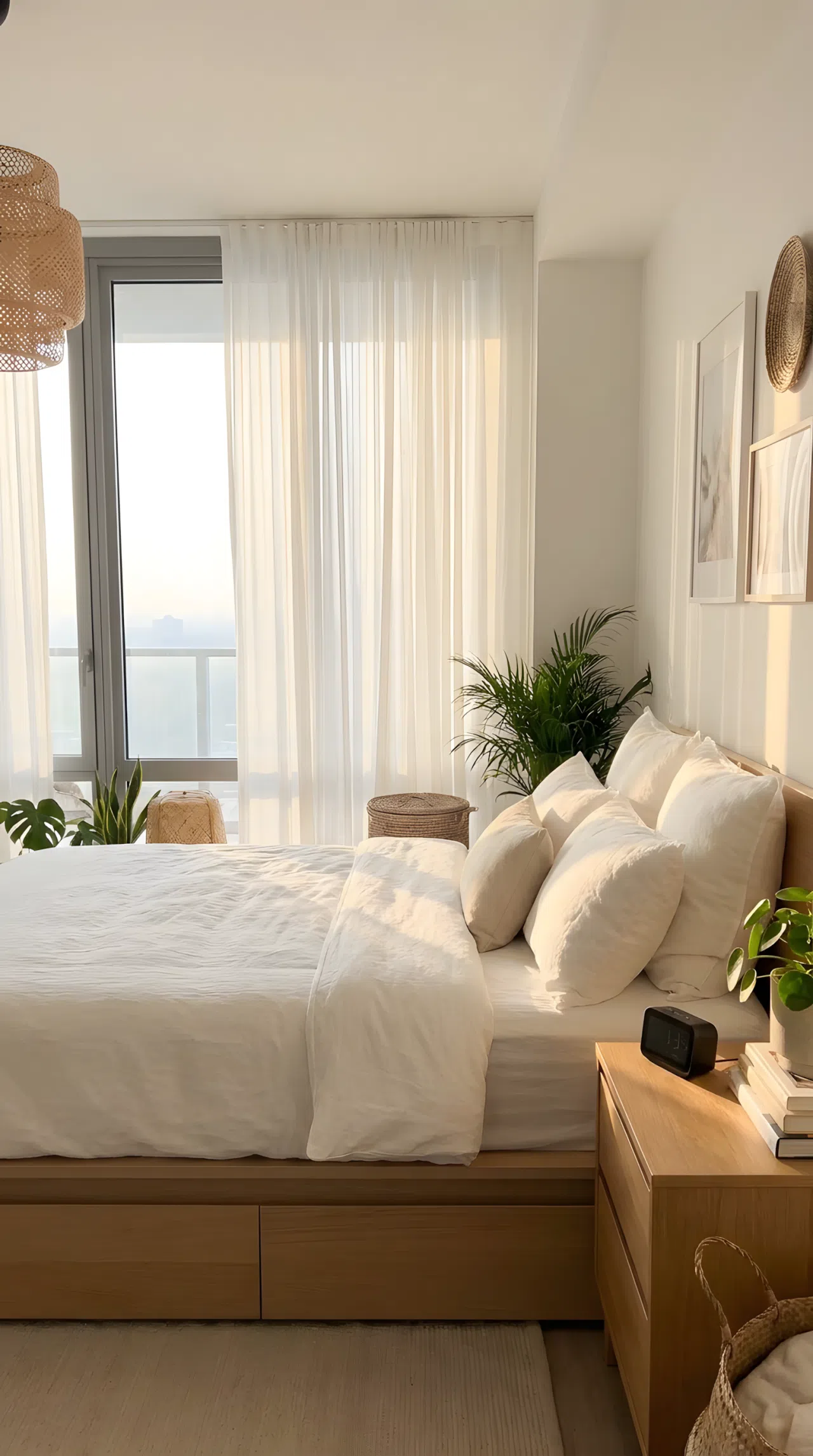 A real-life photograph of a modern bedroom with a neatly made bed positioned to directly face a large window with sheer curtains, soft morning daylight spreading across the bedding, a digital clock placed away from glare on the nightstand, beautifully arranged and organized, bright natural light, vibrant airy tones, Pinterest-ready stock photography, no people, no text overlays.