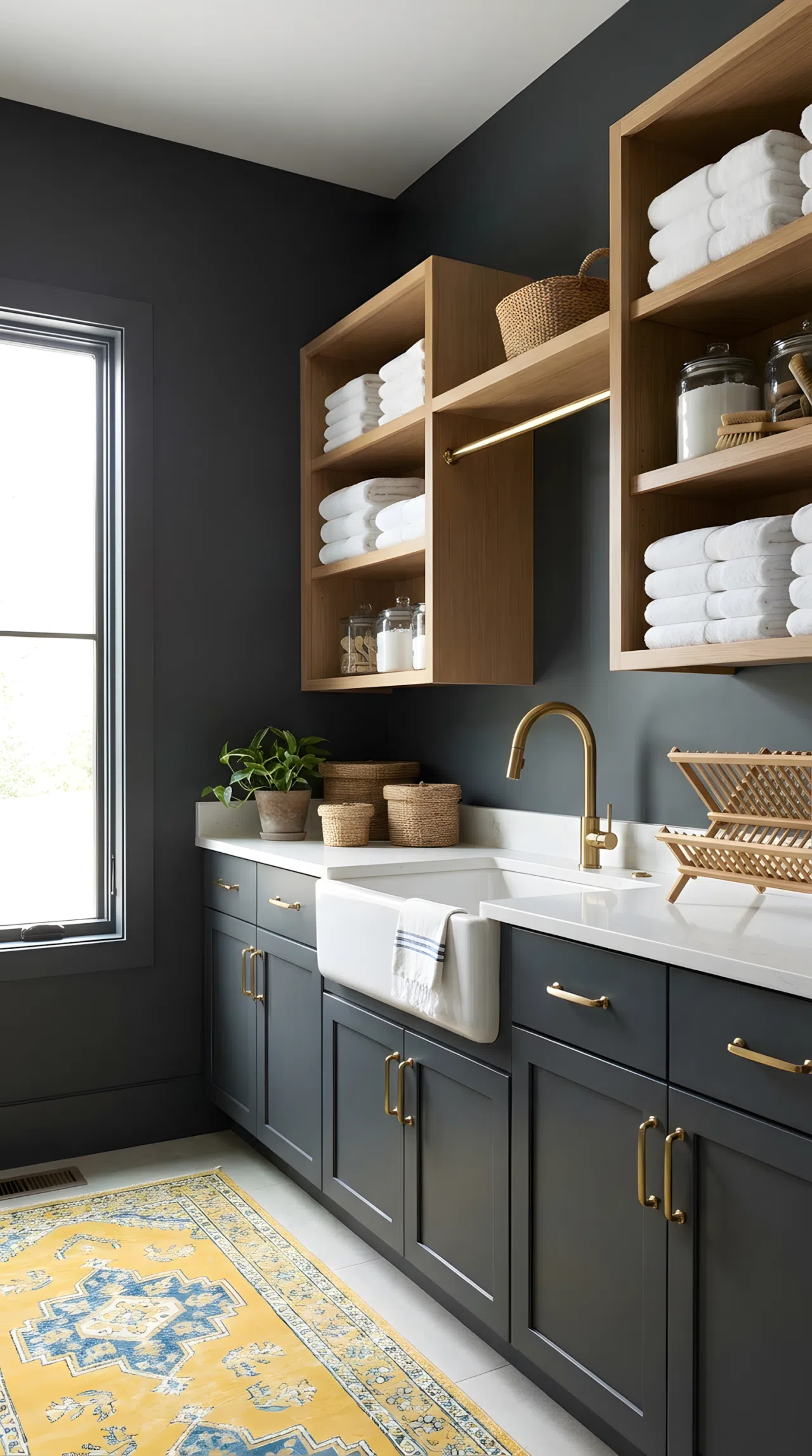 A real-life laundry room with charcoal matte walls (RGB 54,59,61), neatly made shelves with folded white towels, brass hardware accents, clean organized counter, bright natural light streaming through a side window, vibrant color contrast, Pinterest-ready stock photography style, no people, no text overlay.