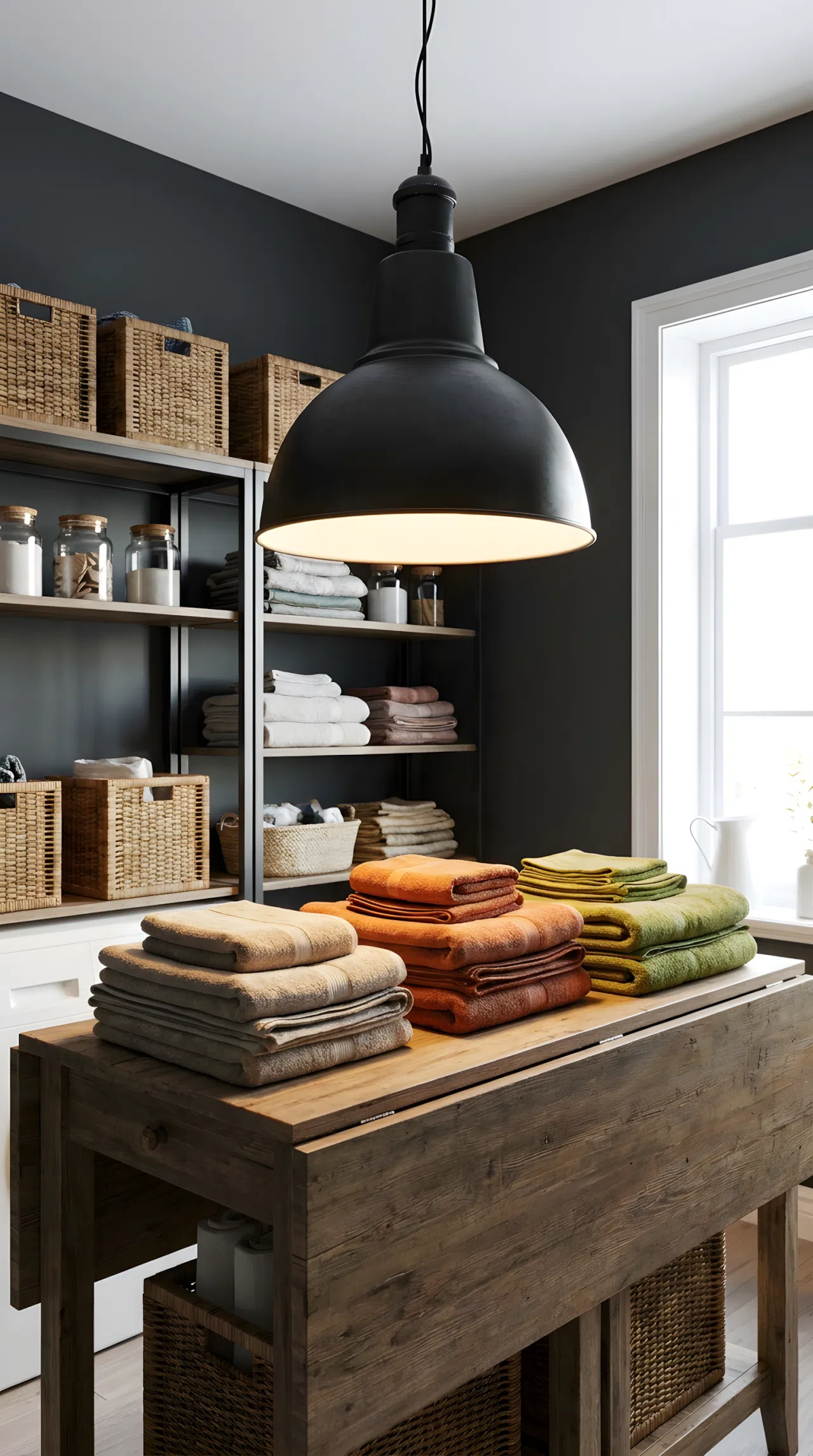 A real-life laundry room with a matte black pendant light positioned directly above a folding counter, warm glow pooling on neatly folded laundry, dark walls, organized shelving in the background, clean space, bright natural light blending with the pendant's warm glow, vibrant tones, beautifully arranged, Pinterest-ready stock photography style, no people, no text overlay.