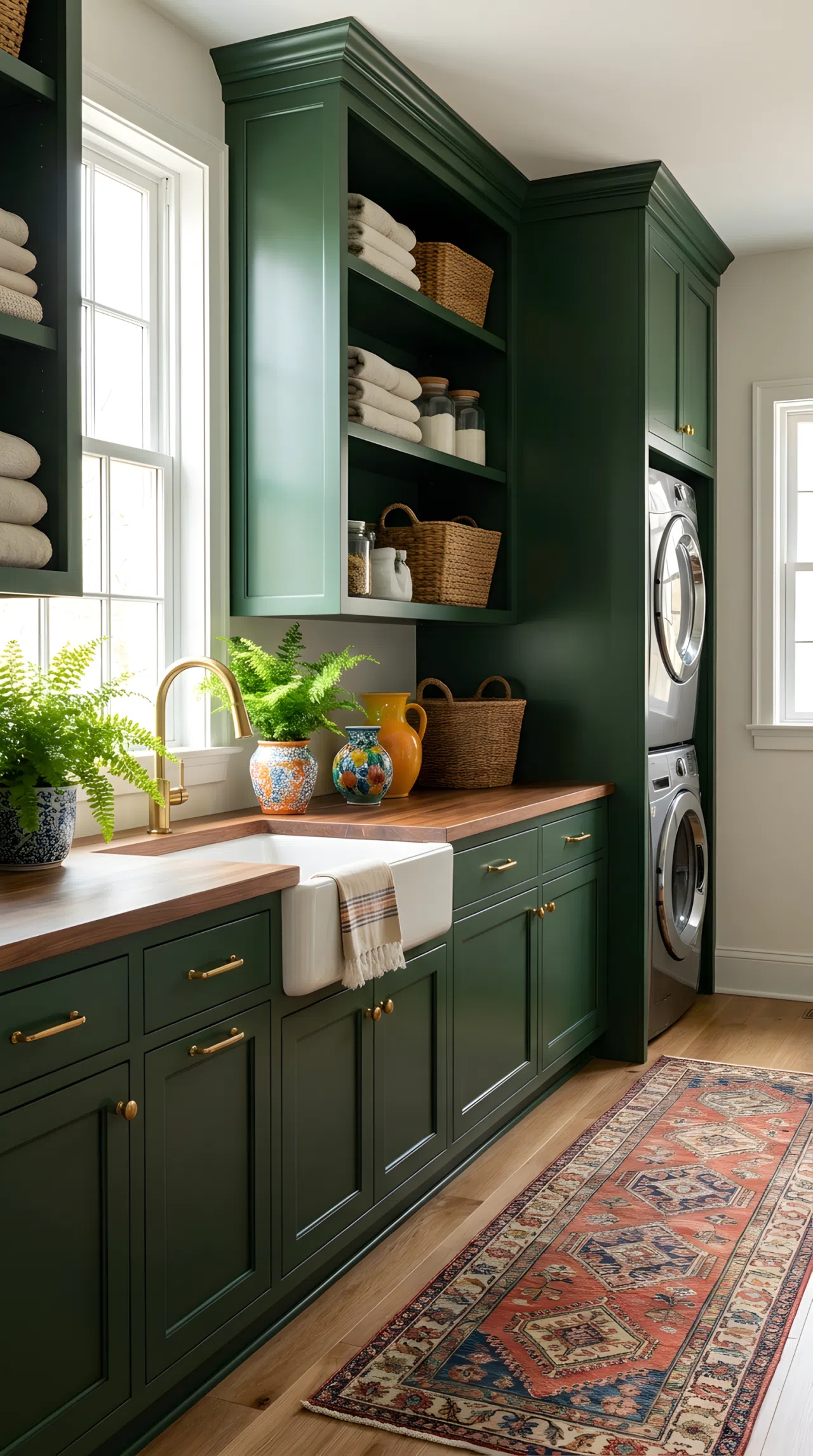 A real-life laundry room with deep forest green cabinetry (RGB 30,50,38), warm wood countertop, brass drawer pulls, neatly organized shelves with folded linens, clean space, bright natural light highlighting the green tone, vibrant accents, beautifully arranged, Pinterest-ready stock photography style, no people, no text overlay.