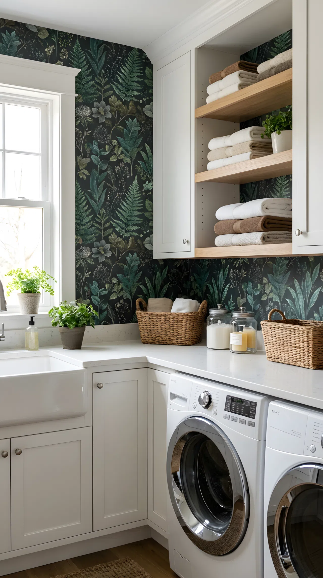 A real-life laundry room with dark botanical-print wallpaper on one wall, white trim, open shelving neatly arranged with folded towels, clean organized counter, bright natural light highlighting the wallpaper pattern, vibrant greens and dark tones, beautifully arranged, Pinterest-ready stock photography style, no people, no text overlay.