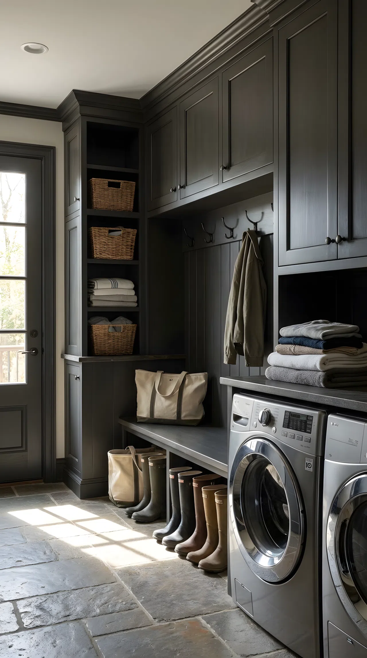 A real-life moody mudroom-laundry combo with a built-in bench and hooks matching dark cabinetry, neatly arranged shoes and bags below, folded laundry visible on nearby shelving, clean organized space, bright natural light entering through a side door, vibrant tones, beautifully arranged, Pinterest-ready stock photography style, no people, no text overlay.