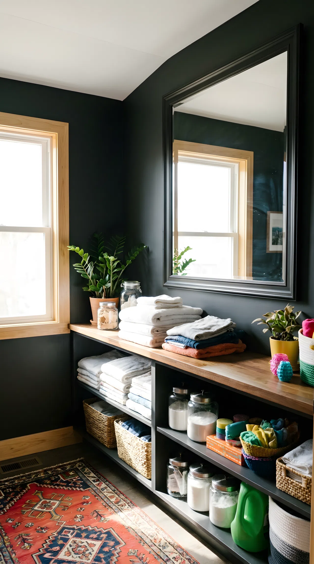 A real-life laundry room with a mirror positioned across from a window to reflect natural light, dark charcoal walls, light-colored window trim, neatly organized shelving, clean folded laundry, bright natural light bouncing off the mirror, vibrant accents, beautifully arranged, Pinterest-ready stock photography style, no people, no text overlay.