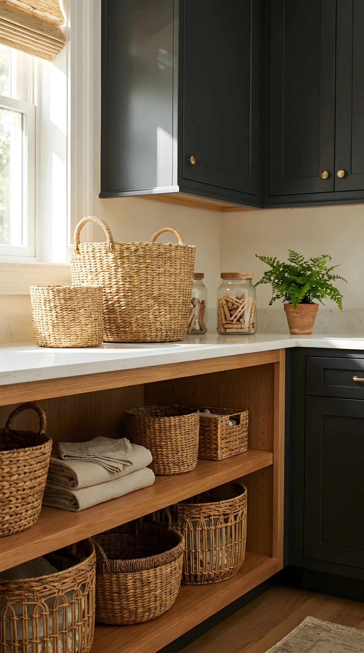 A real-life laundry room shelf lined with neatly arranged natural woven baskets, dark charcoal cabinetry in the background, clean organized counter, bright natural light highlighting the basket texture, vibrant tones, beautifully arranged, Pinterest-ready stock photography style, no people, no text overlay.