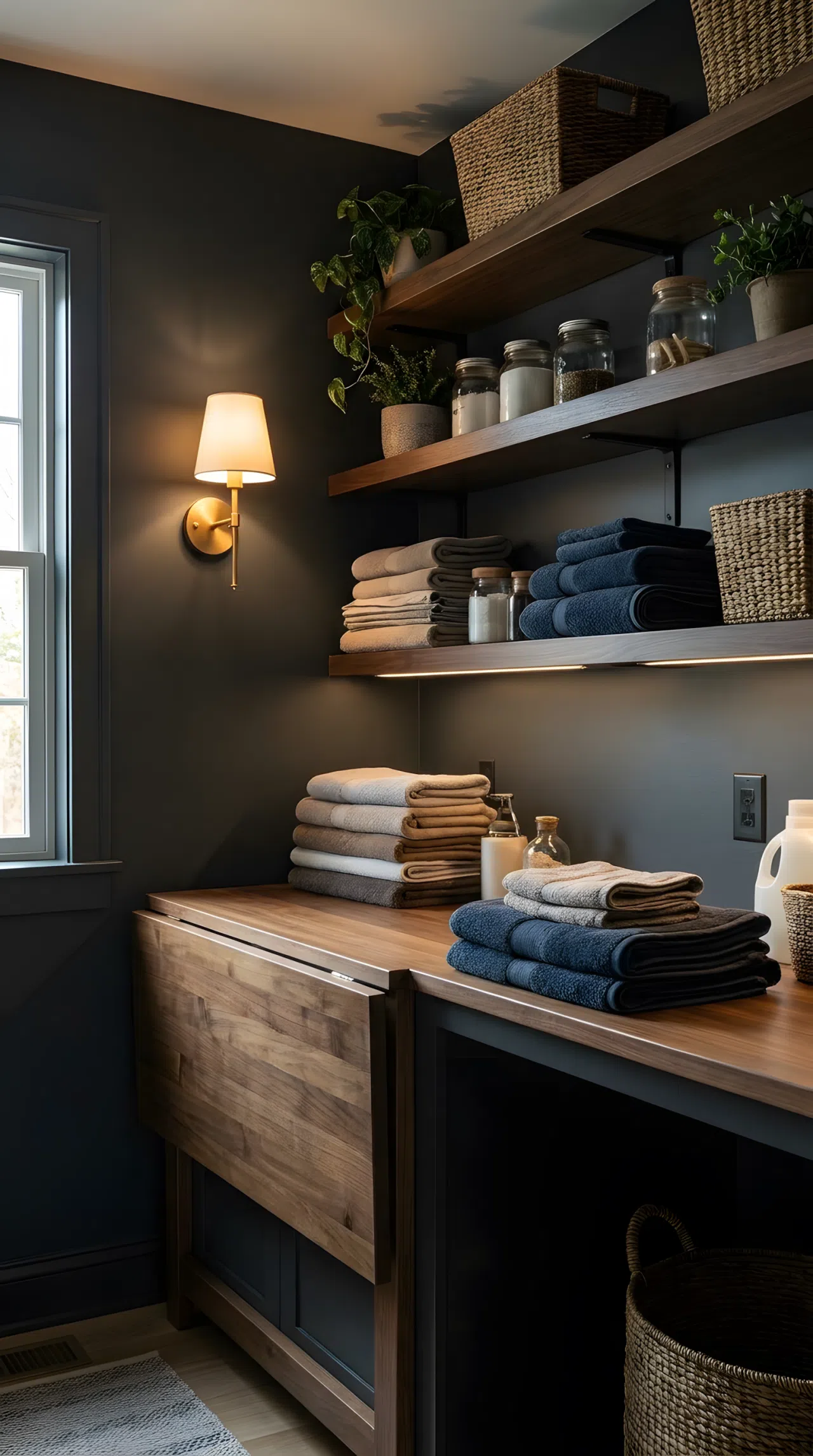 A real-life moody laundry room, warm wall sconce positioned beside a folding counter casting a soft glow across neatly folded laundry, subtle under-cabinet lighting illuminating the workspace, dark charcoal walls, organized shelves, bright natural light from a nearby window blending with warm artificial light, clean and beautifully arranged, vibrant tones, Pinterest-ready stock photography, no people, no text overlay.